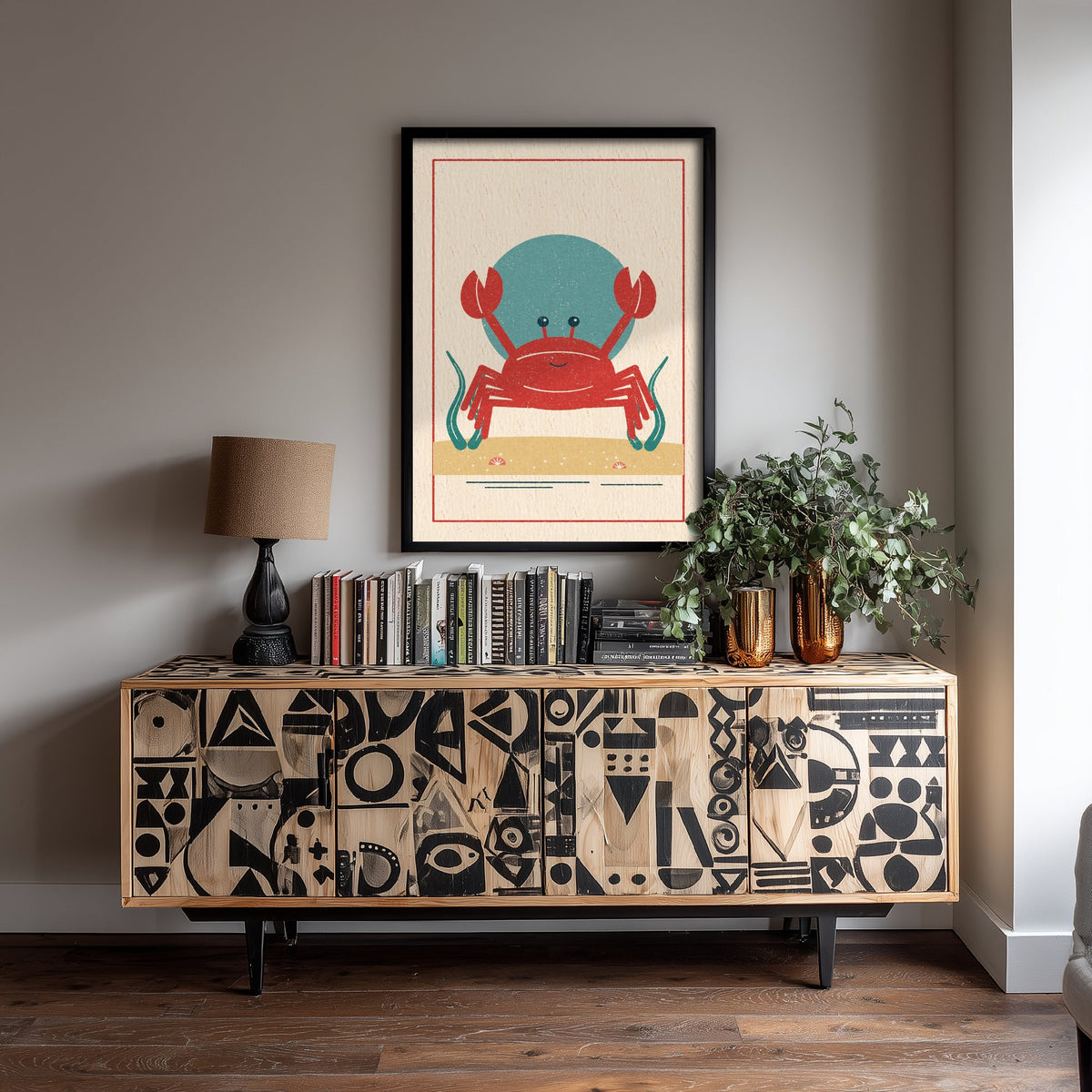 Red Crab Art Print - Seashore Linocut Style Poster - Smiling Beach Crab Illustration V1 3/3