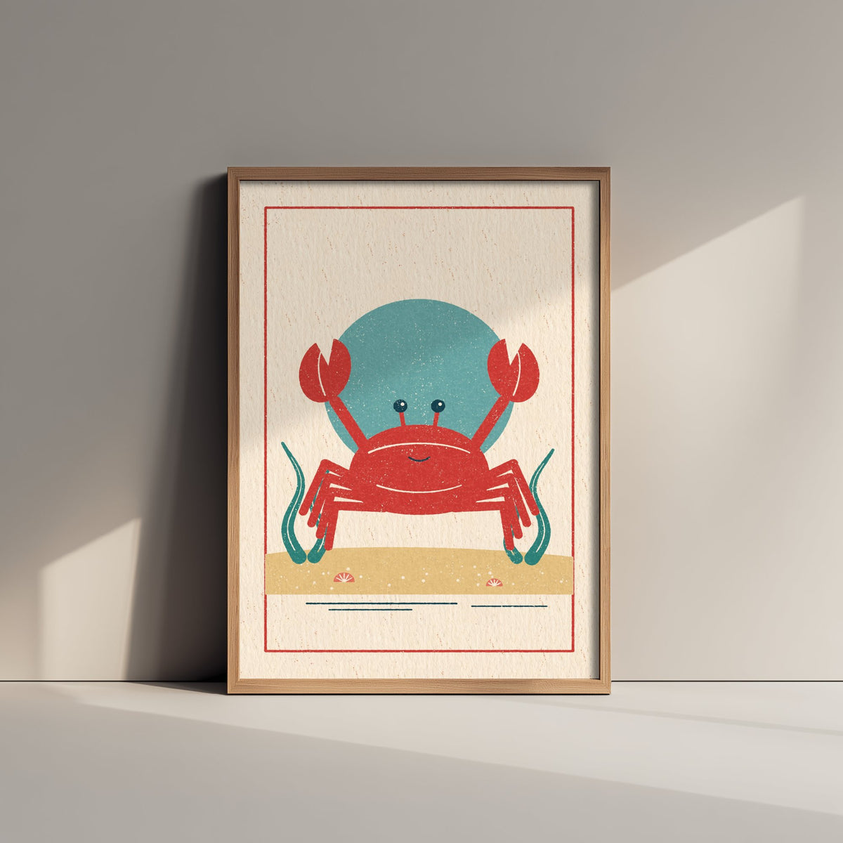 Red Crab Art Print - Seashore Linocut Style Poster - Smiling Beach Crab Illustration V1 3/3