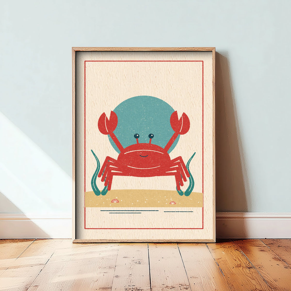 Red Crab Art Print - Seashore Linocut Style Poster - Smiling Beach Crab Illustration V1 3/3