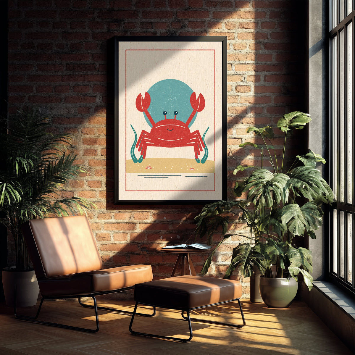 Red Crab Art Print - Seashore Linocut Style Poster - Smiling Beach Crab Illustration V1 3/3