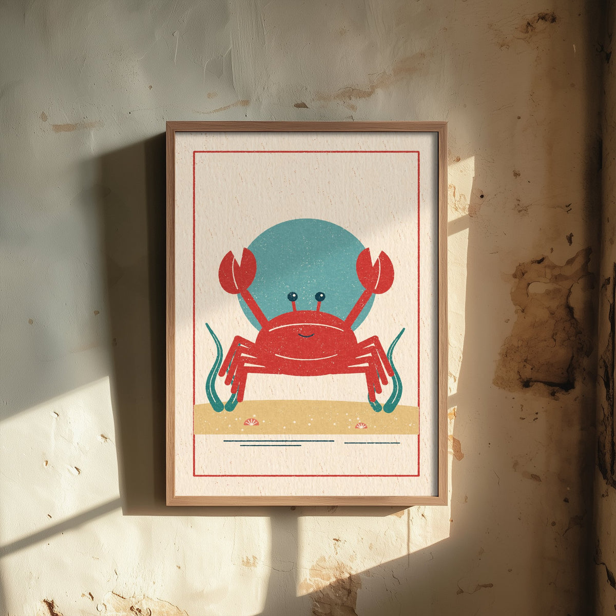 Red Crab Art Print - Seashore Linocut Style Poster - Smiling Beach Crab Illustration V1 3/3