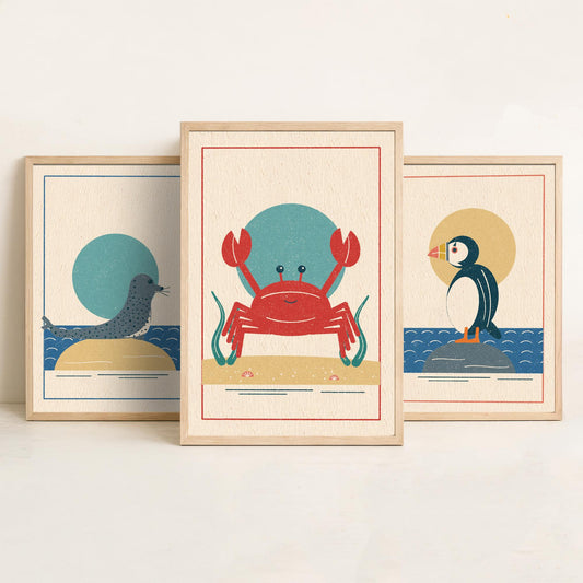 Coastal Sea Life Set of Three Art Prints - Seal, Puffin, Crab - Linocut Style Poster Illustration V1