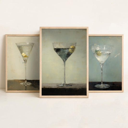 Martini Cocktail Set of Three Art Prints - Moody Still Life Painting Posters - Vintage Bar Cart Decor - Muted Oil Style Glasses