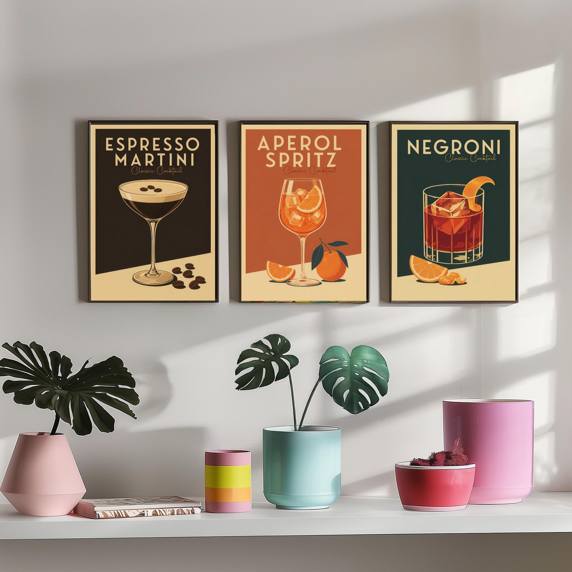 Classic Cocktails Set of Three Art Prints - Espresso Martini, Spritz, Negroni - Retro Bar Poster Kitchen Wall Illustration Gift