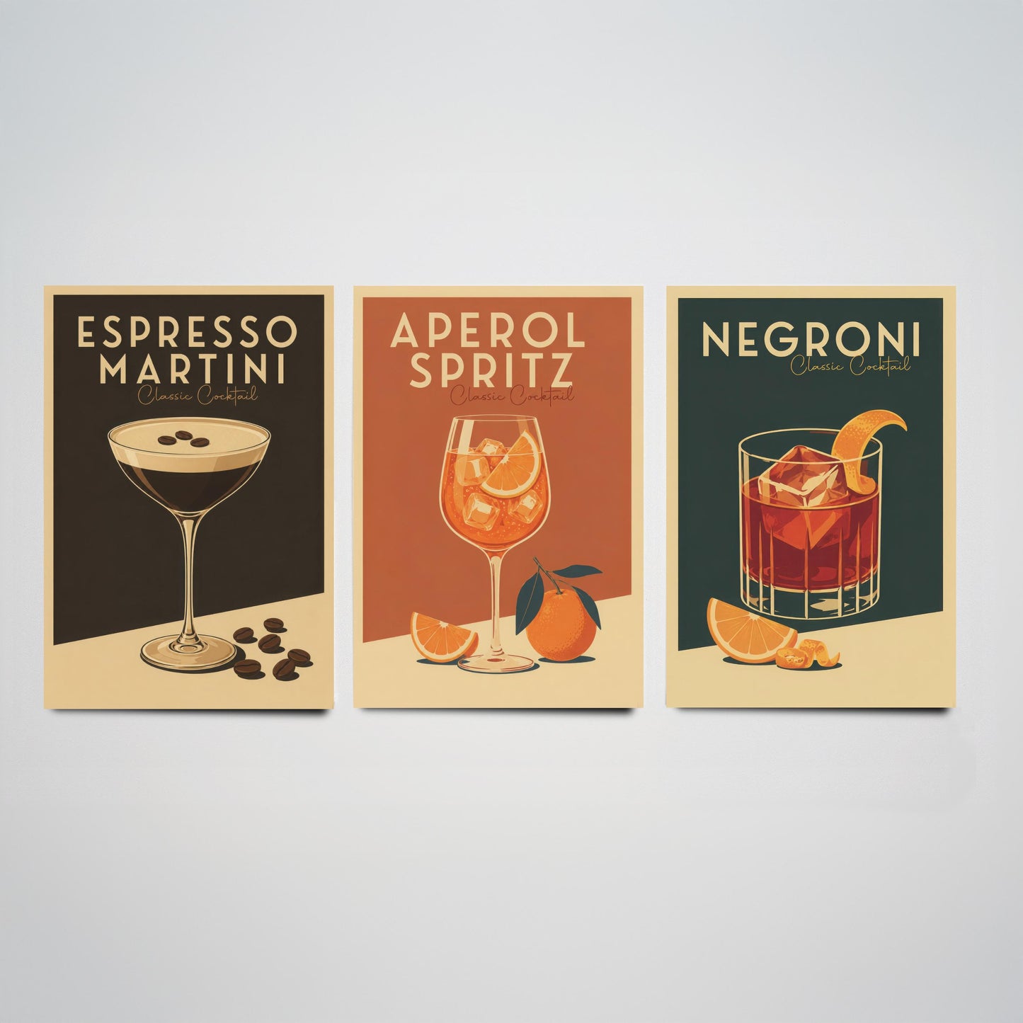 Classic Cocktails Set of Three Art Prints - Espresso Martini, Spritz, Negroni - Retro Bar Poster Kitchen Wall Illustration Gift