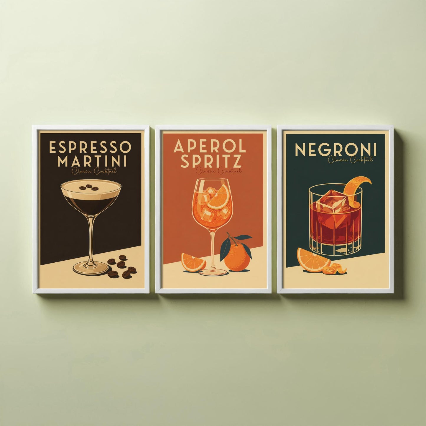Classic Cocktails Set of Three Art Prints - Espresso Martini, Spritz, Negroni - Retro Bar Poster Kitchen Wall Illustration Gift