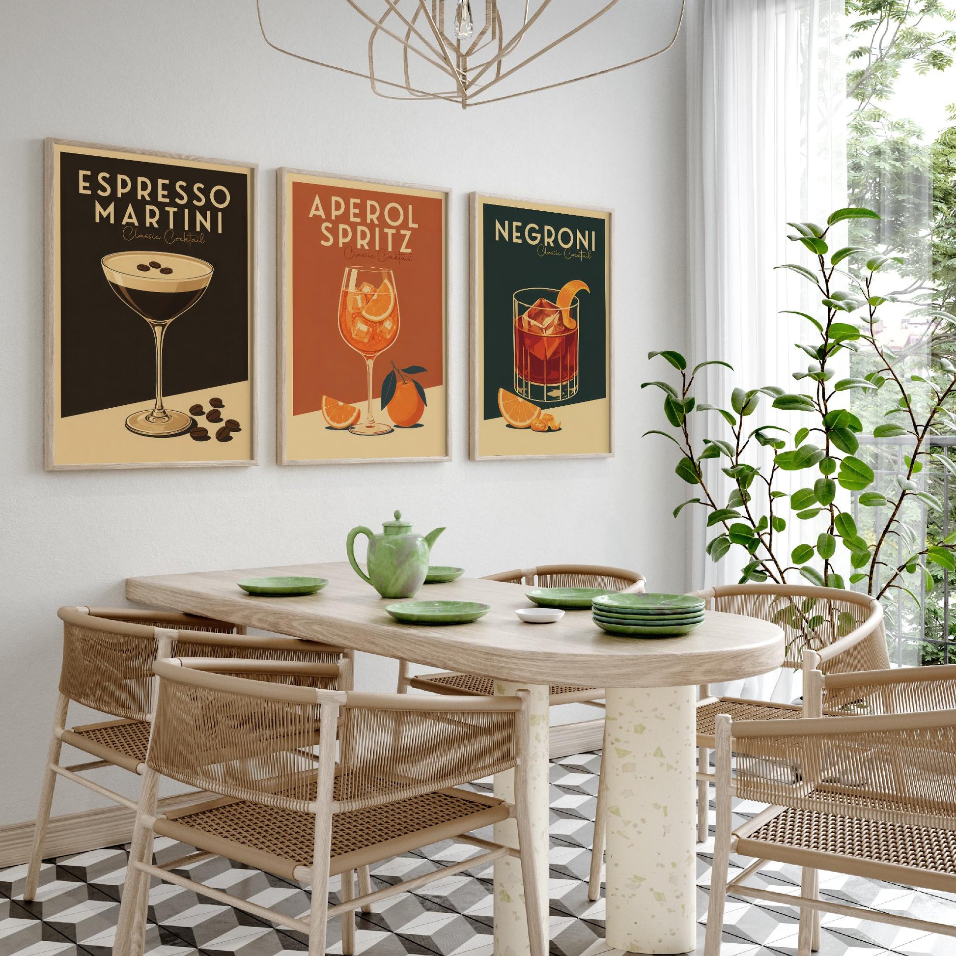 Classic Cocktails Set of Three Art Prints - Espresso Martini, Spritz, Negroni - Retro Bar Poster Kitchen Wall Illustration Gift