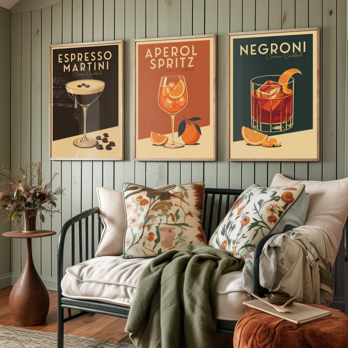 Classic Cocktails Set of Three Art Prints - Espresso Martini, Spritz, Negroni - Retro Bar Poster Kitchen Wall Illustration Gift