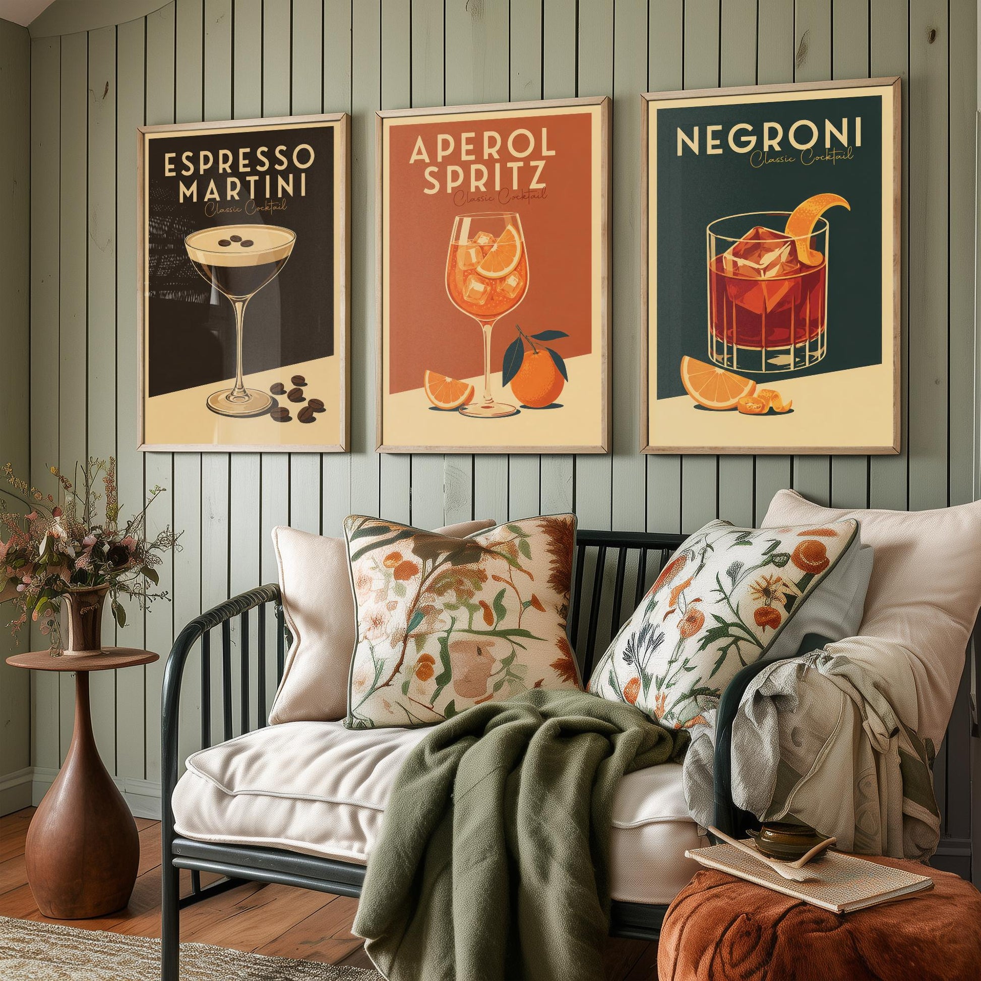 Classic Cocktails Set of Three Art Prints - Espresso Martini, Spritz, Negroni - Retro Bar Poster Kitchen Wall Illustration Gift