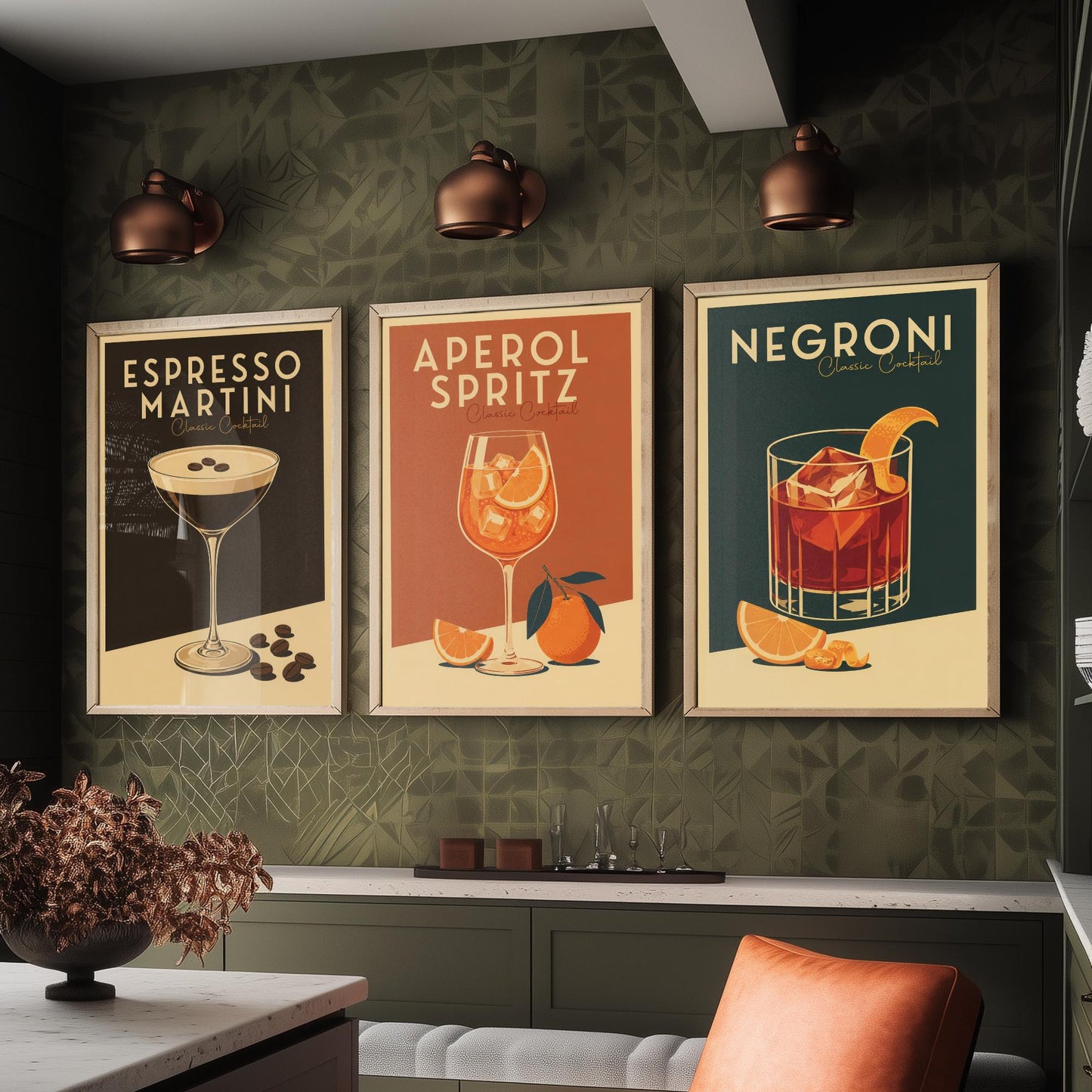 Classic Cocktails Set of Three Art Prints - Espresso Martini, Spritz, Negroni - Retro Bar Poster Kitchen Wall Illustration Gift