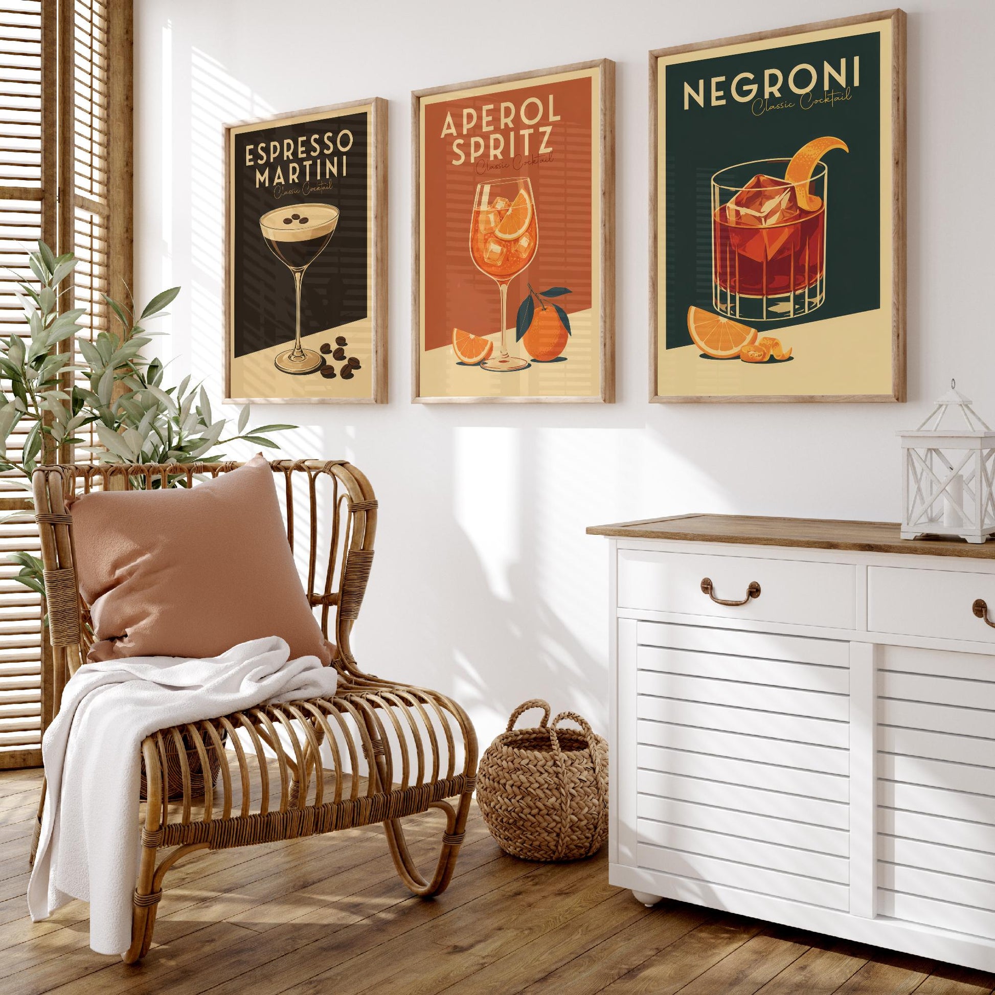 Classic Cocktails Set of Three Art Prints - Espresso Martini, Spritz, Negroni - Retro Bar Poster Kitchen Wall Illustration Gift