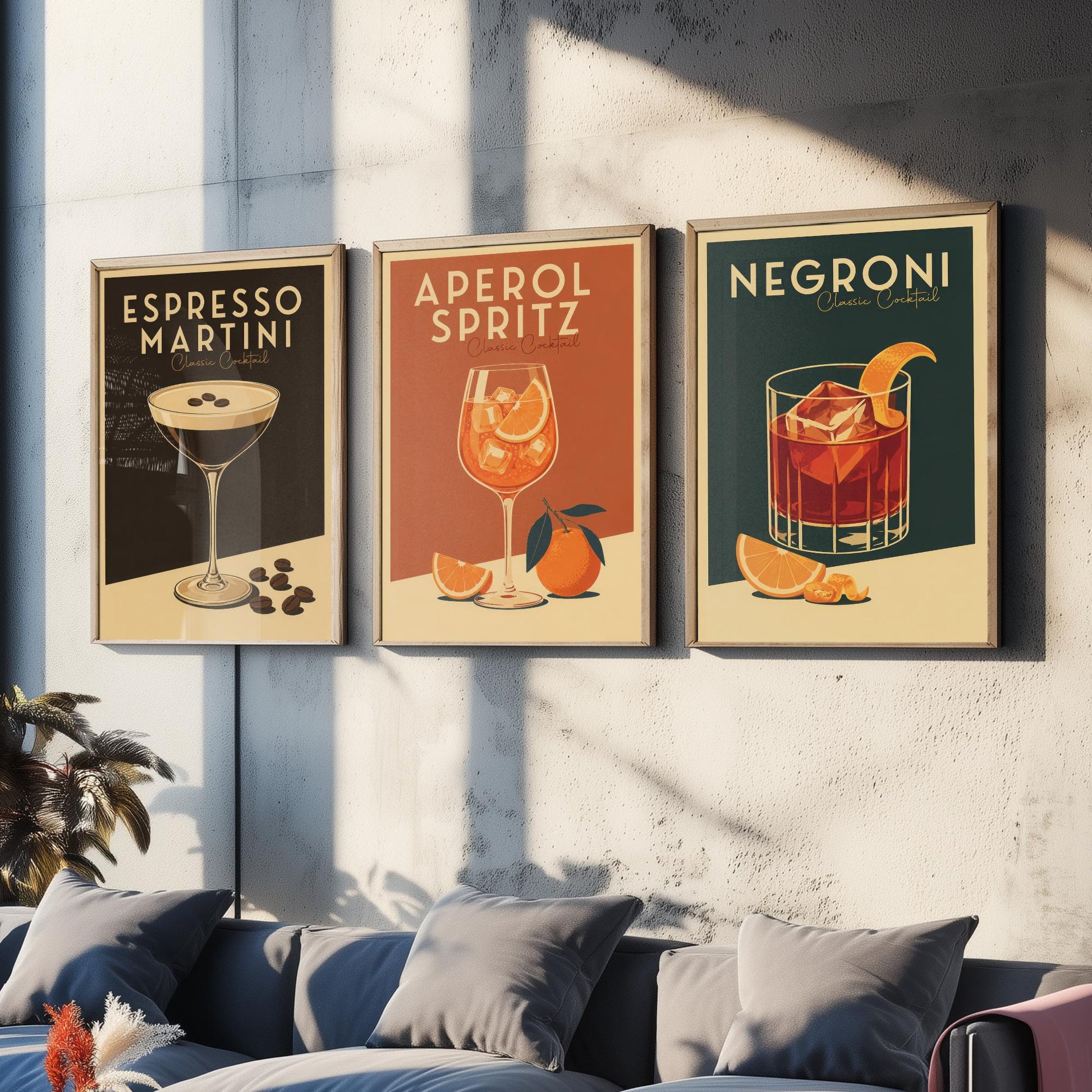 Classic Cocktails Set of Three Art Prints - Espresso Martini, Spritz, Negroni - Retro Bar Poster Kitchen Wall Illustration Gift