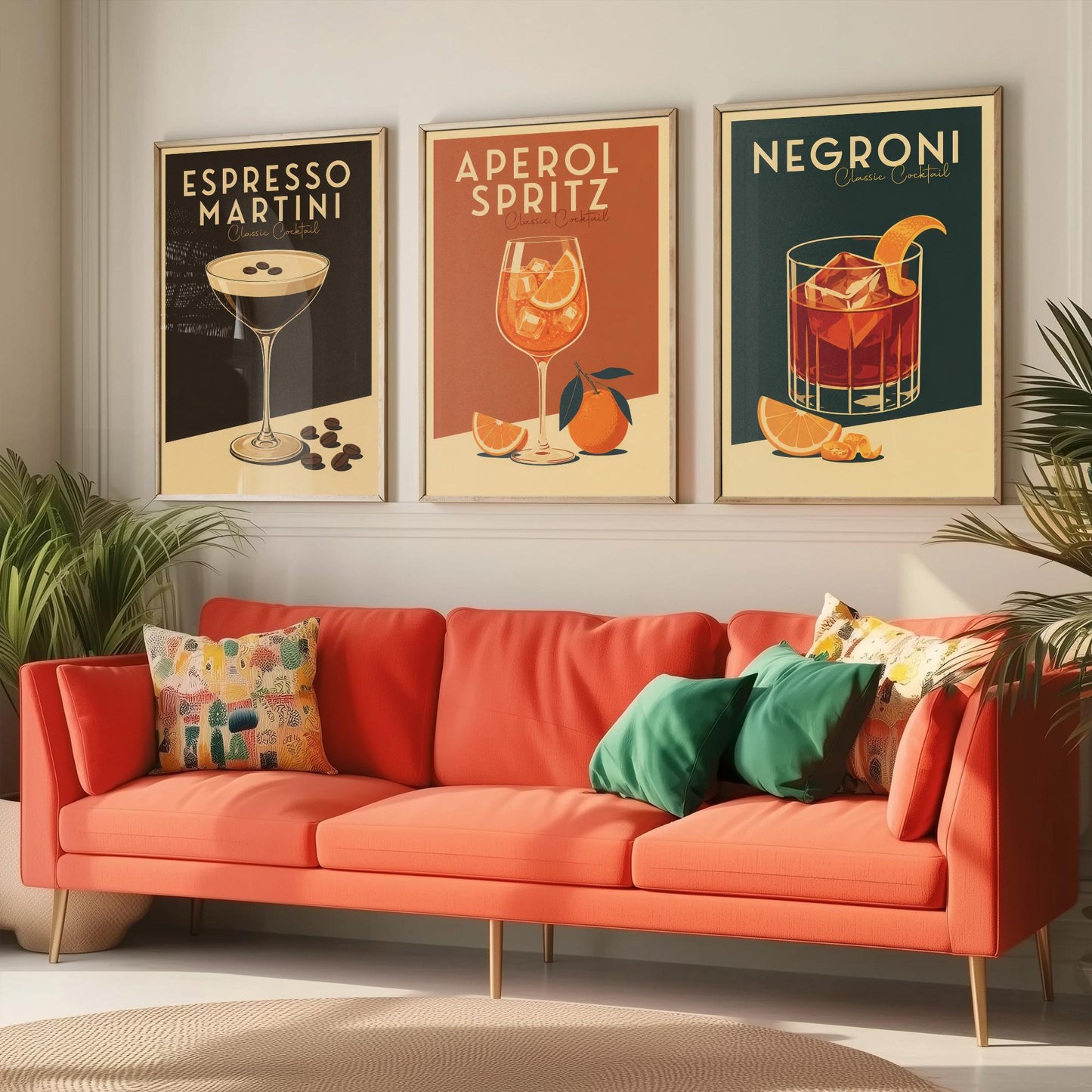Classic Cocktails Set of Three Art Prints - Espresso Martini, Spritz, Negroni - Retro Bar Poster Kitchen Wall Illustration Gift