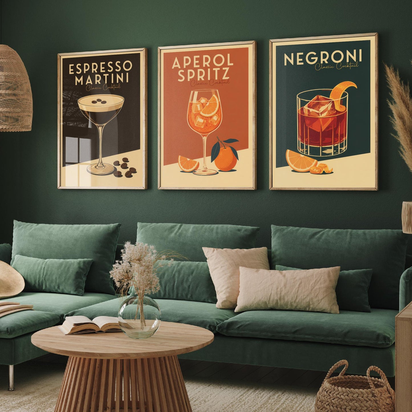 Classic Cocktails Set of Three Art Prints - Espresso Martini, Spritz, Negroni - Retro Bar Poster Kitchen Wall Illustration Gift