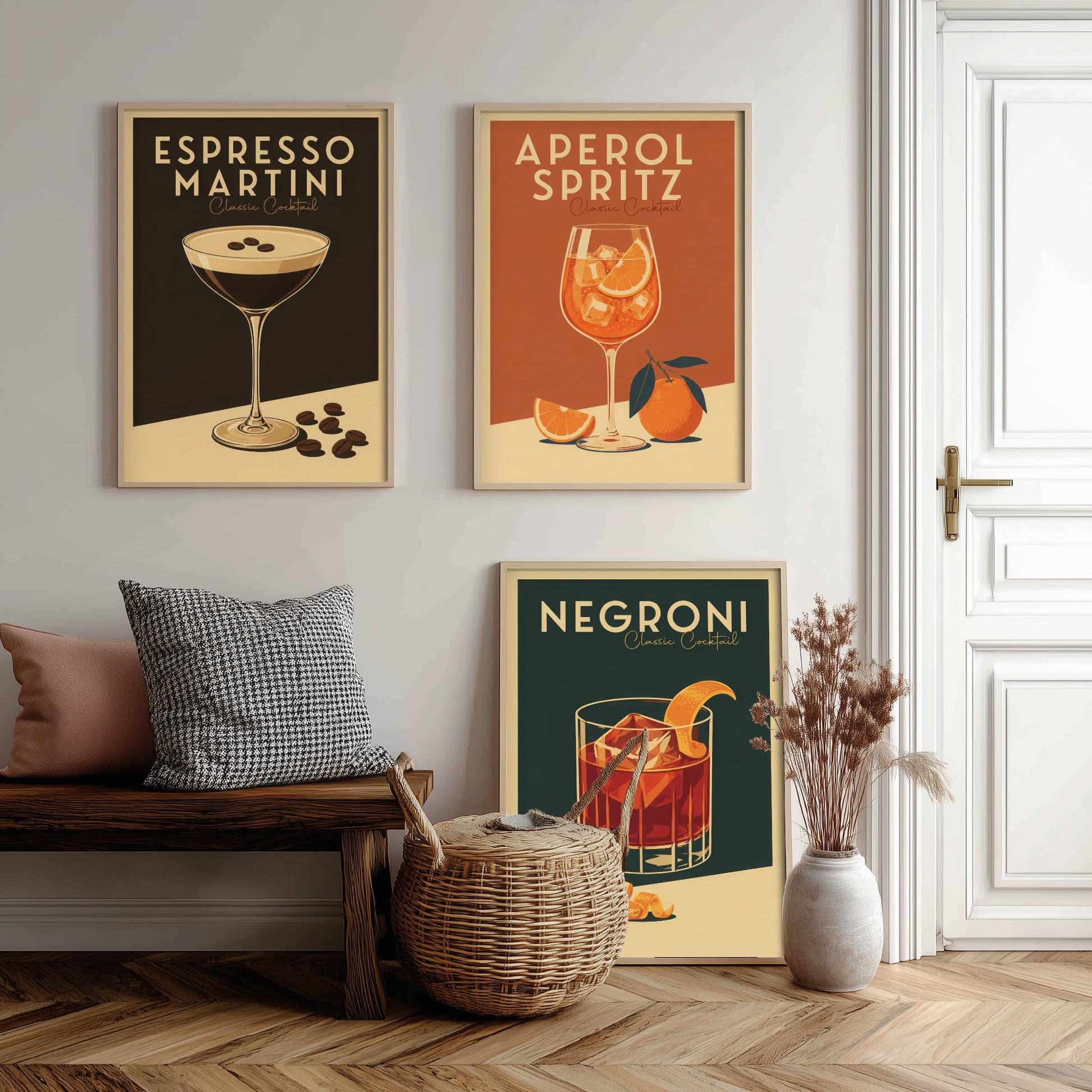 Classic Cocktails Set of Three Art Prints - Espresso Martini, Spritz, Negroni - Retro Bar Poster Kitchen Wall Illustration Gift