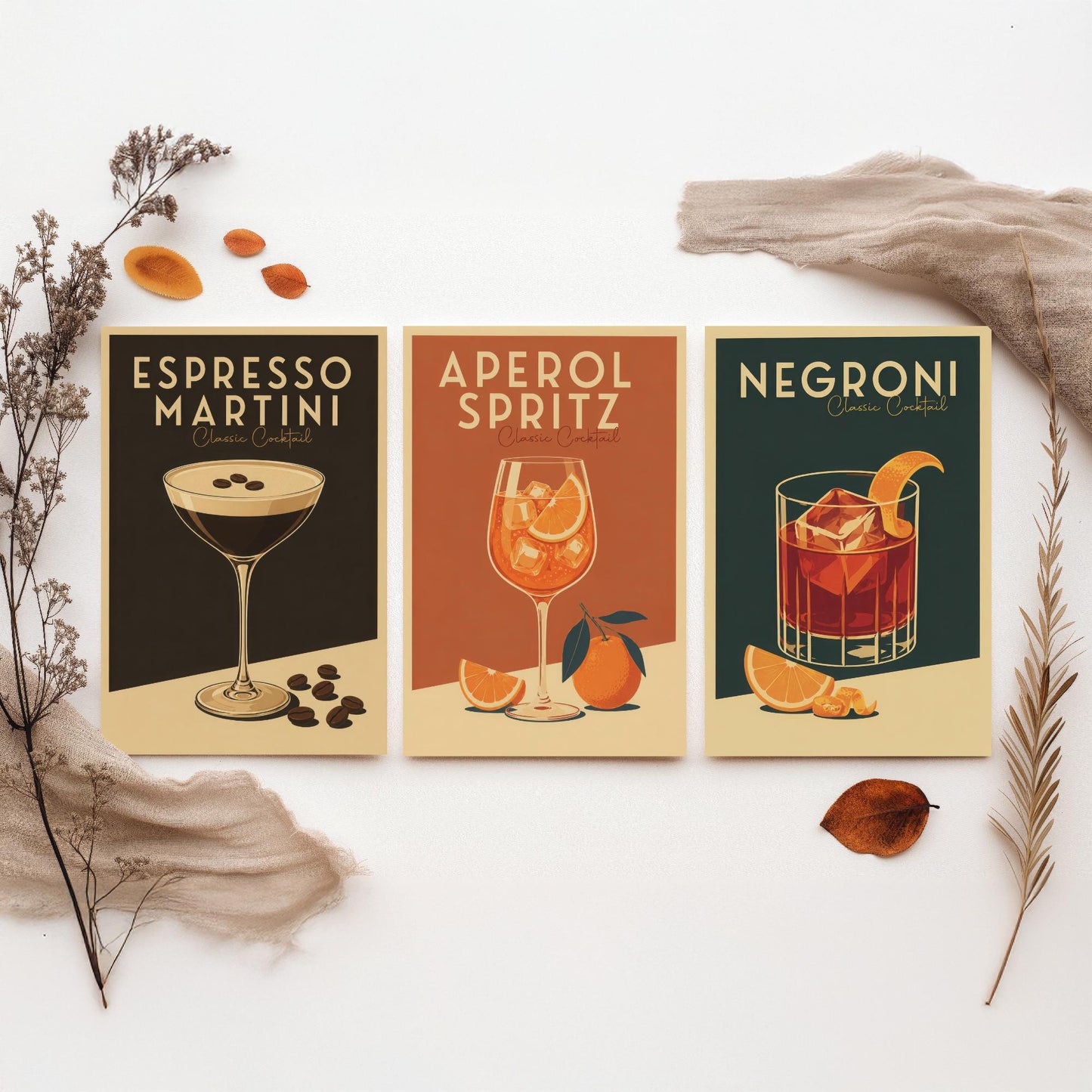 Classic Cocktails Set of Three Art Prints - Espresso Martini, Spritz, Negroni - Retro Bar Poster Kitchen Wall Illustration Gift