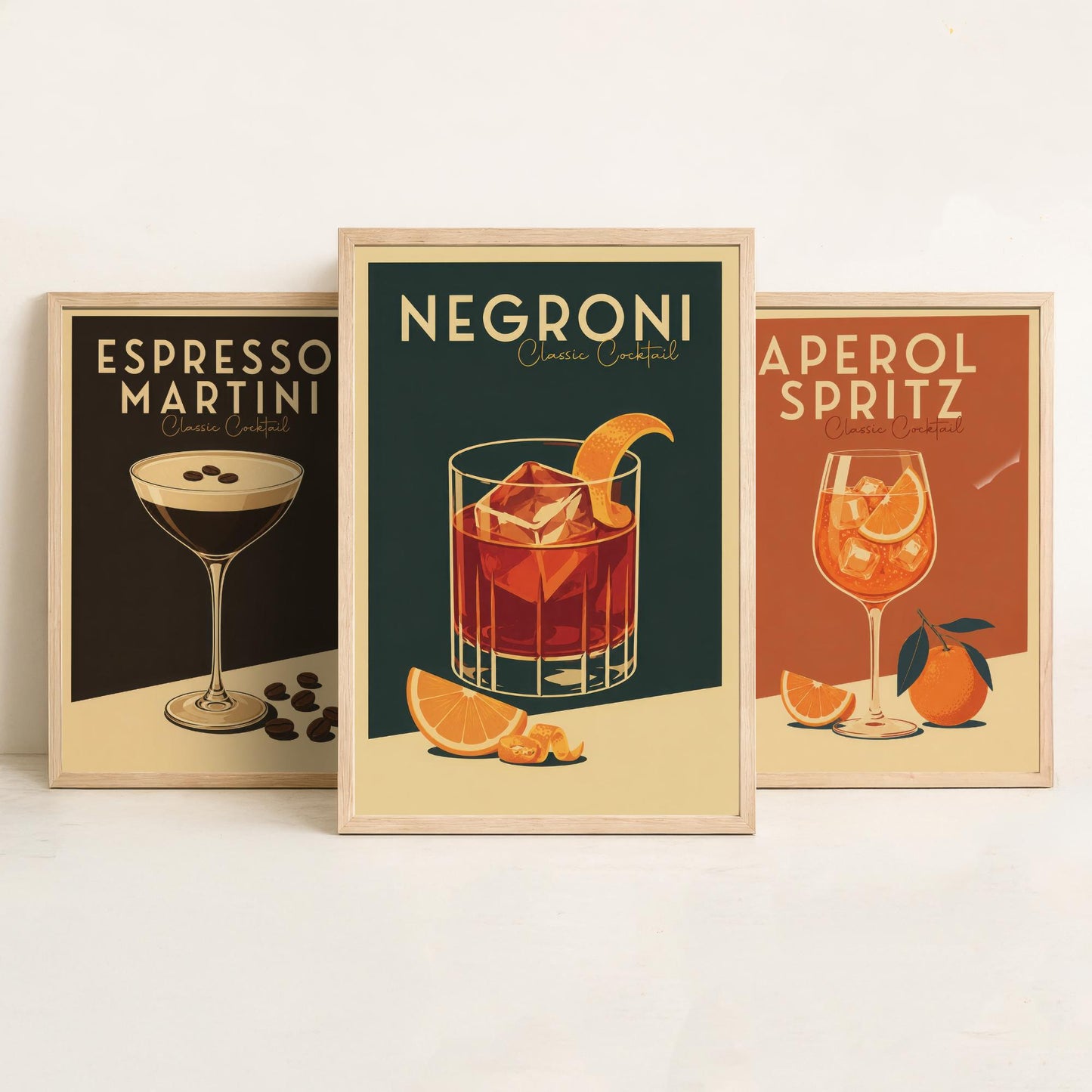 Classic Cocktails Set of Three Art Prints - Espresso Martini, Spritz, Negroni - Retro Bar Poster Kitchen Wall Illustration Gift