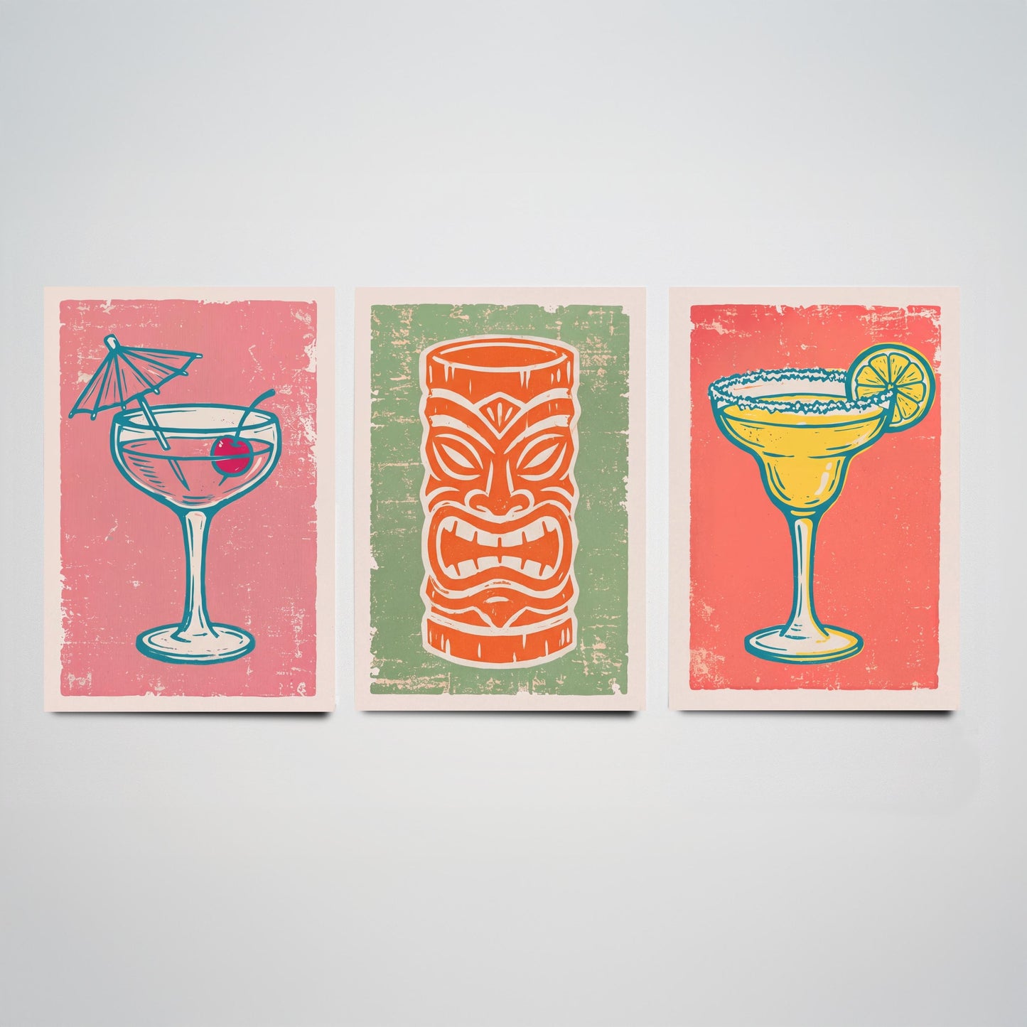 Coupe Glass, Tiki Mug and Margarita - Set of Three Linocut Illustrations - Cocktail Art Prints - Home Bar Cart Posters V2