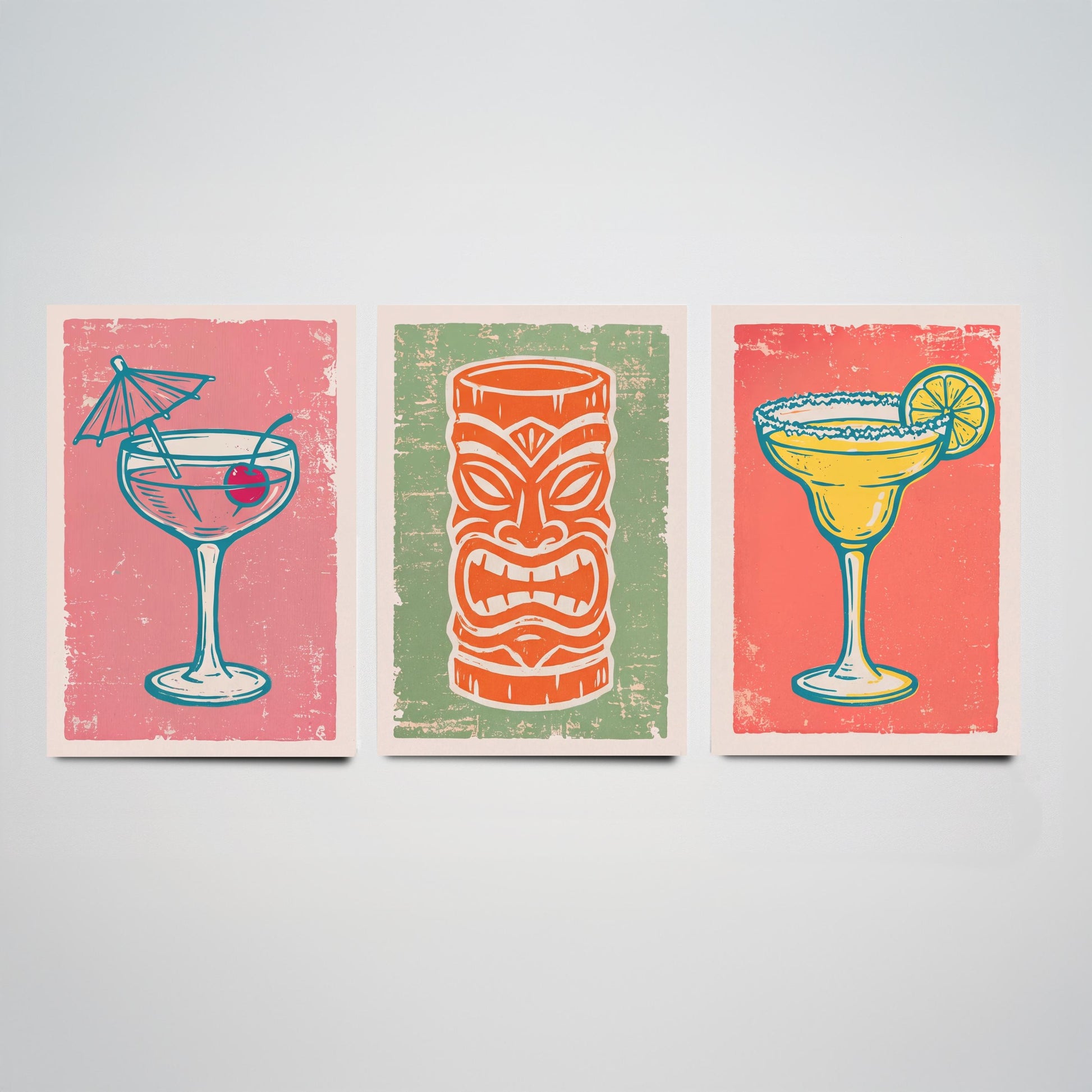 Coupe Glass, Tiki Mug and Margarita - Set of Three Linocut Illustrations - Cocktail Art Prints - Home Bar Cart Posters V2