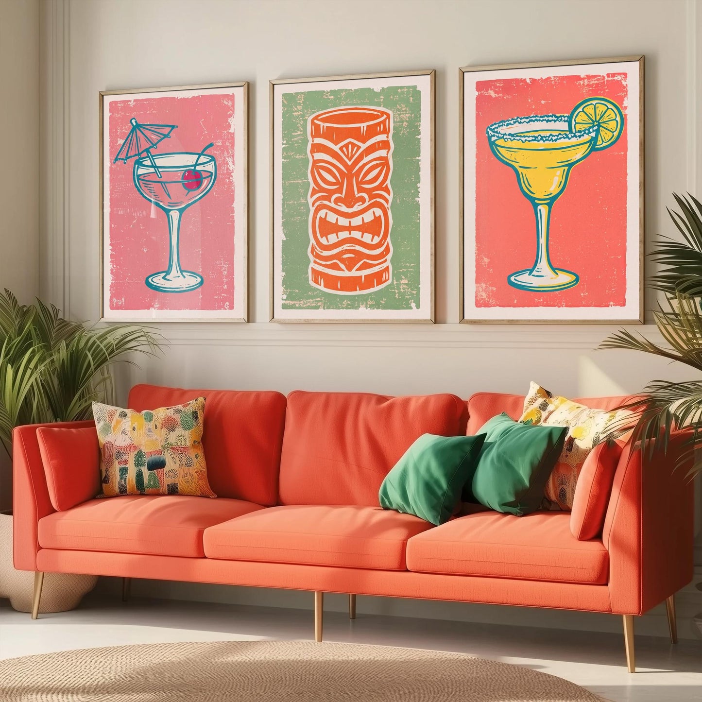 Coupe Glass, Tiki Mug and Margarita - Set of Three Linocut Illustrations - Cocktail Art Prints - Home Bar Cart Posters V2