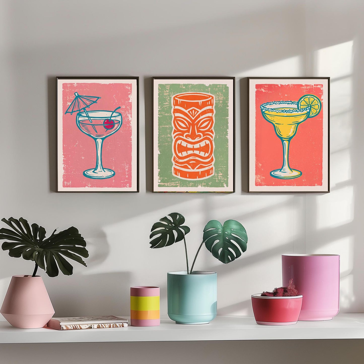 Coupe Glass, Tiki Mug and Margarita - Set of Three Linocut Illustrations - Cocktail Art Prints - Home Bar Cart Posters V2