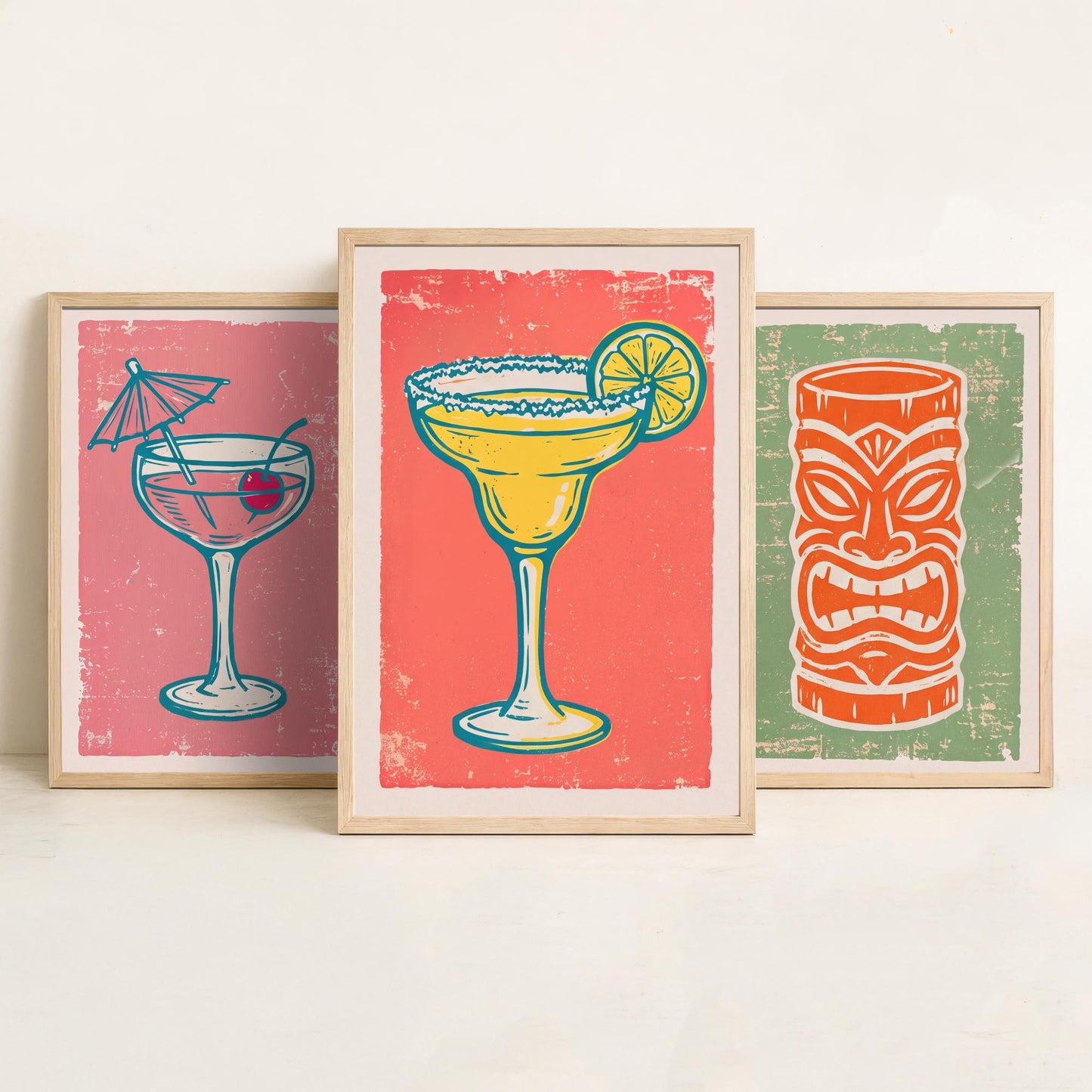 Coupe Glass, Tiki Mug and Margarita - Set of Three Linocut Illustrations - Cocktail Art Prints - Home Bar Cart Posters V2