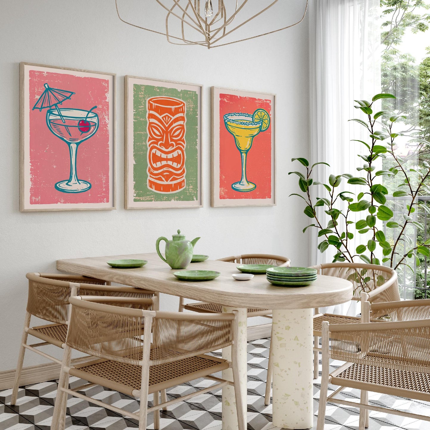 Coupe Glass, Tiki Mug and Margarita - Set of Three Linocut Illustrations - Cocktail Art Prints - Home Bar Cart Posters V2