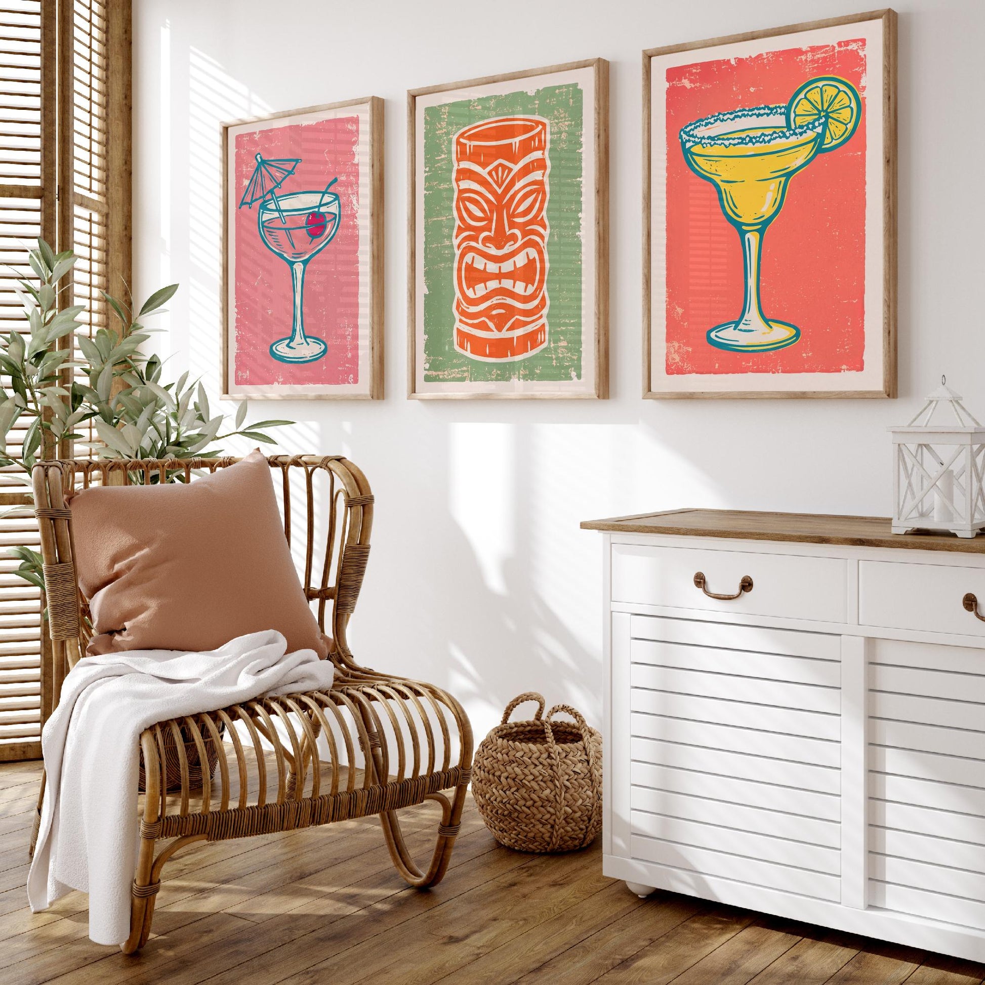 Coupe Glass, Tiki Mug and Margarita - Set of Three Linocut Illustrations - Cocktail Art Prints - Home Bar Cart Posters V2