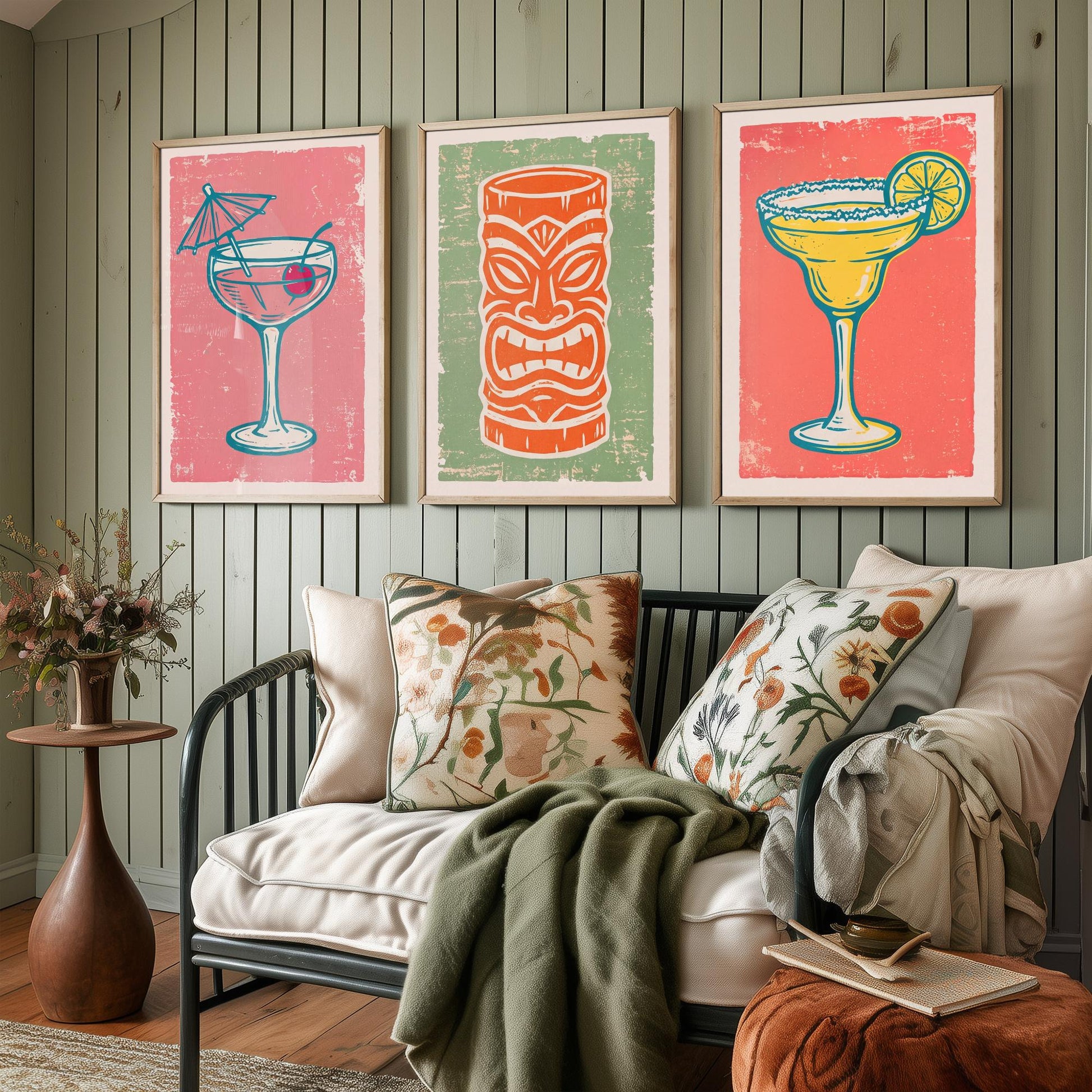 Coupe Glass, Tiki Mug and Margarita - Set of Three Linocut Illustrations - Cocktail Art Prints - Home Bar Cart Posters V2