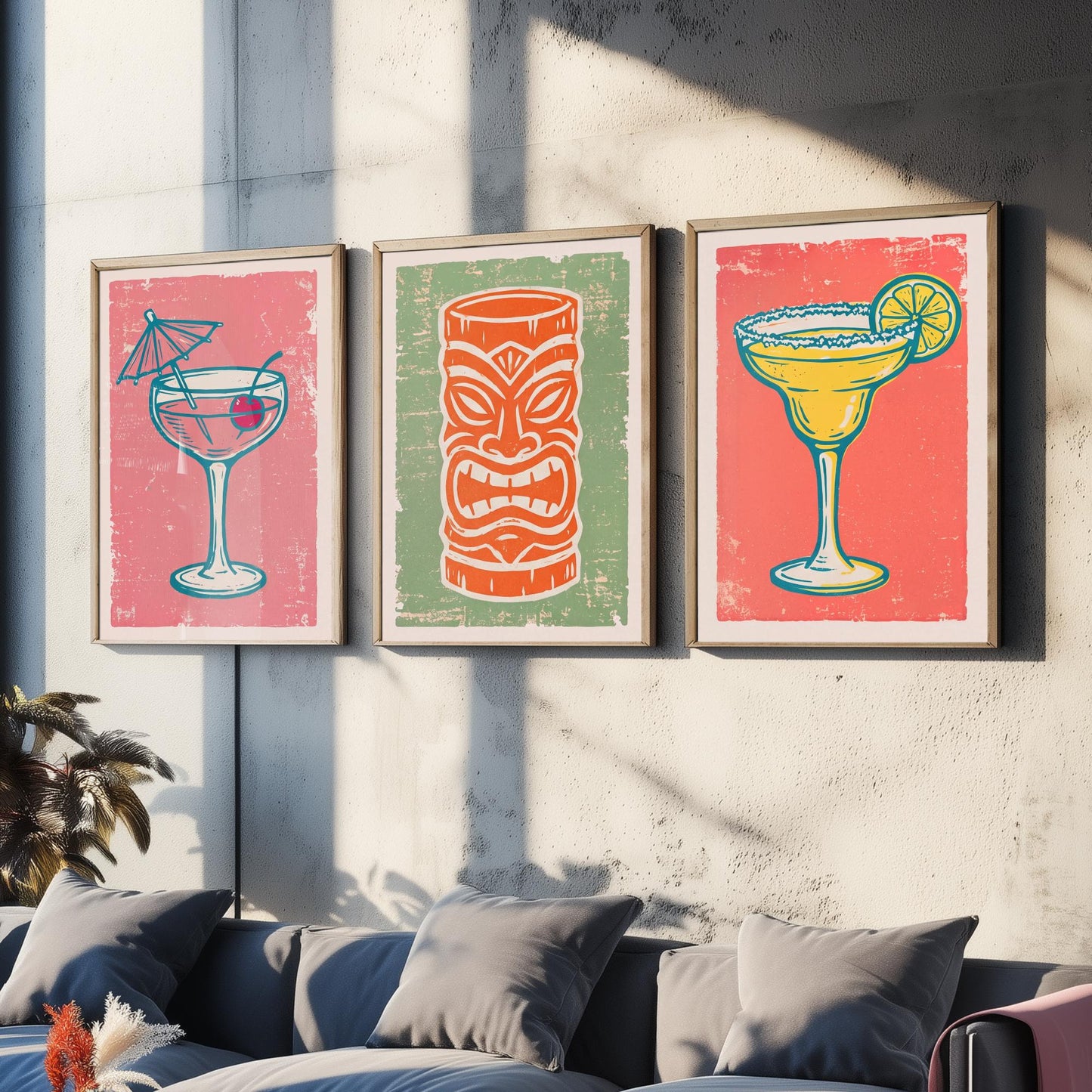 Coupe Glass, Tiki Mug and Margarita - Set of Three Linocut Illustrations - Cocktail Art Prints - Home Bar Cart Posters V2