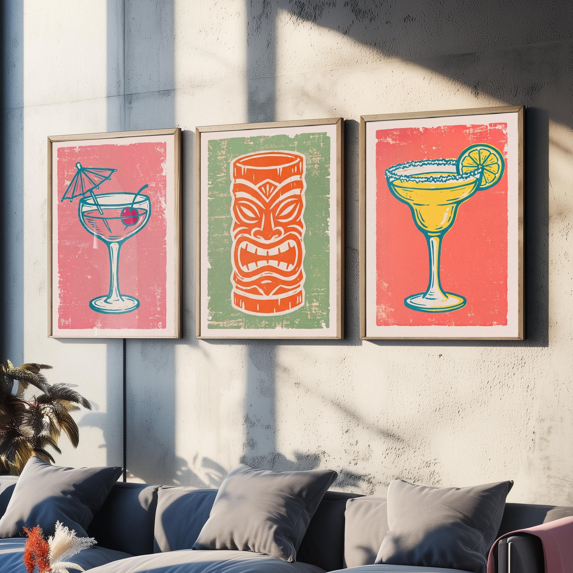 Coupe Glass, Tiki Mug and Margarita - Set of Three Linocut Illustrations - Cocktail Art Prints - Home Bar Cart Posters V2