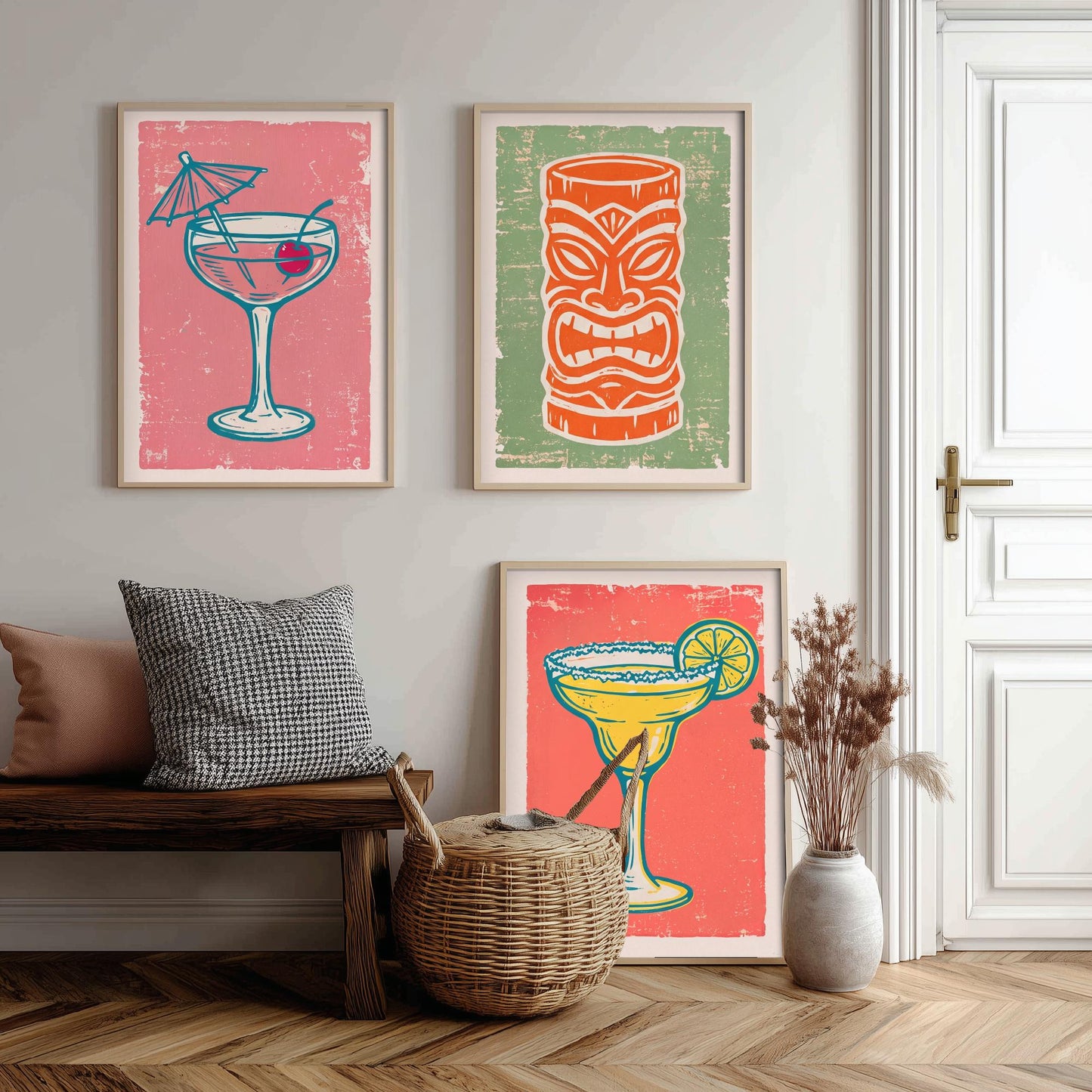 Coupe Glass, Tiki Mug and Margarita - Set of Three Linocut Illustrations - Cocktail Art Prints - Home Bar Cart Posters V2