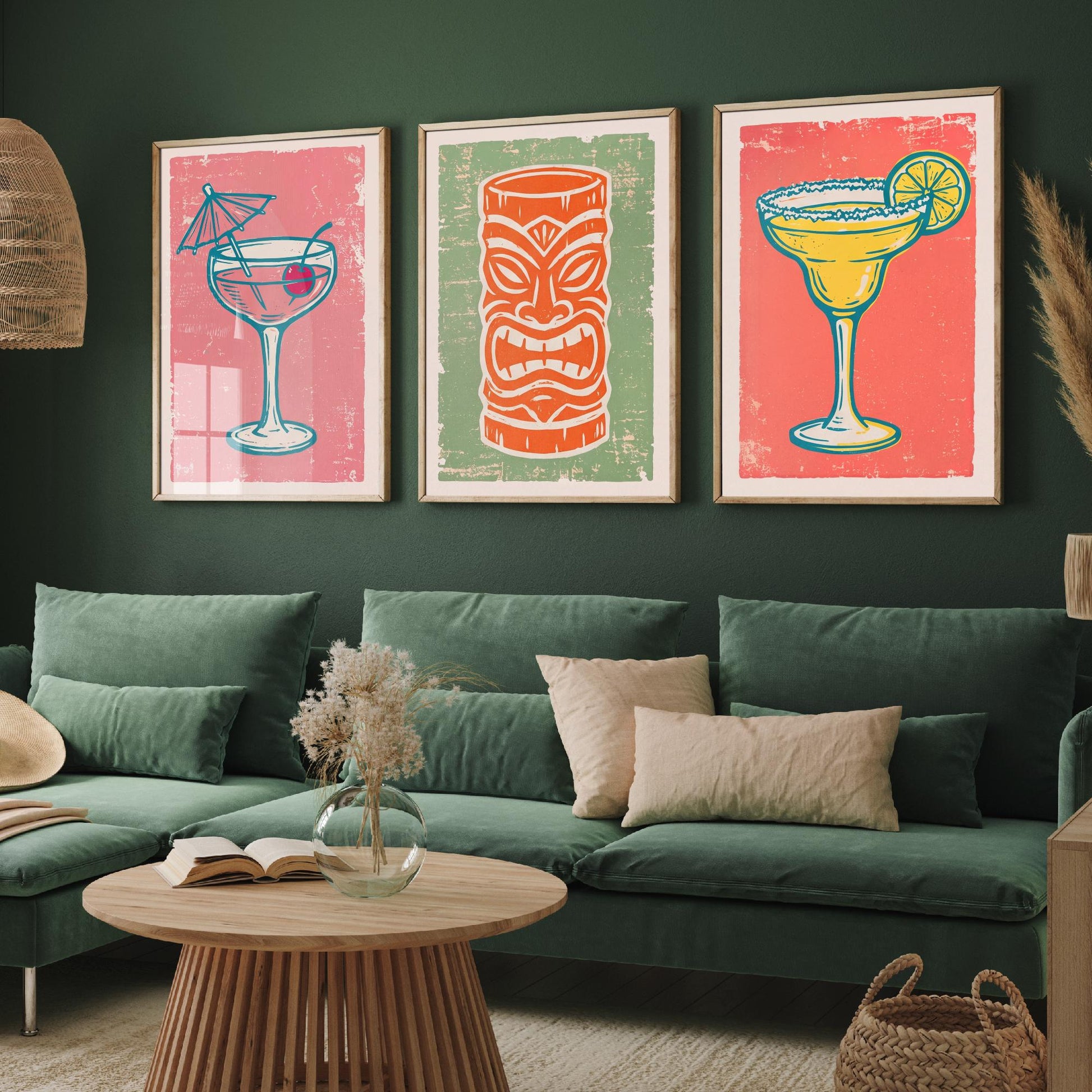 Coupe Glass, Tiki Mug and Margarita - Set of Three Linocut Illustrations - Cocktail Art Prints - Home Bar Cart Posters V2