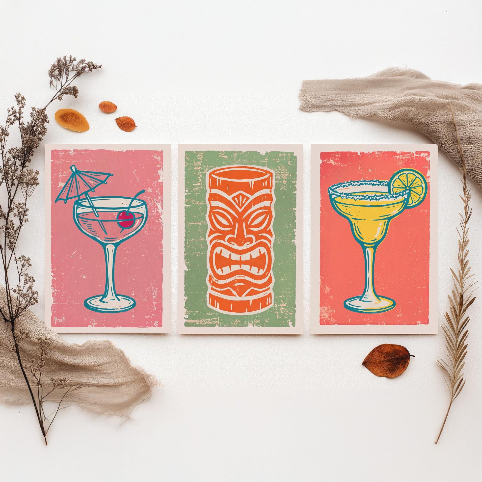 Coupe Glass, Tiki Mug and Margarita - Set of Three Linocut Illustrations - Cocktail Art Prints - Home Bar Cart Posters V2
