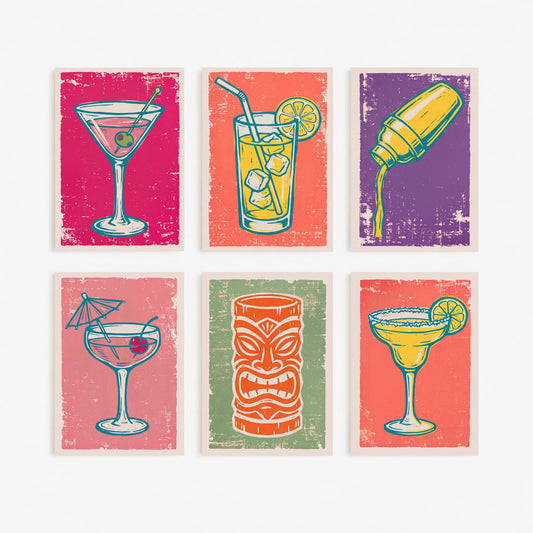 Set of Six Cocktail Art Prints - 6 Linocut Illustrations - Martini, Highball, Shaker, Umbrella Drink, Tiki Mug, Margarita - Bar Cart Posters