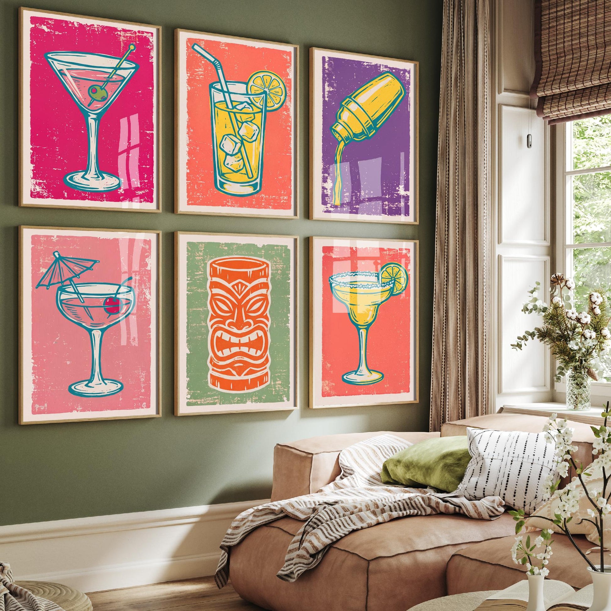 Set of Six Cocktail Art Prints - 6 Linocut Illustrations - Martini, Highball, Shaker, Umbrella Drink, Tiki Mug, Margarita - Bar Cart Posters
