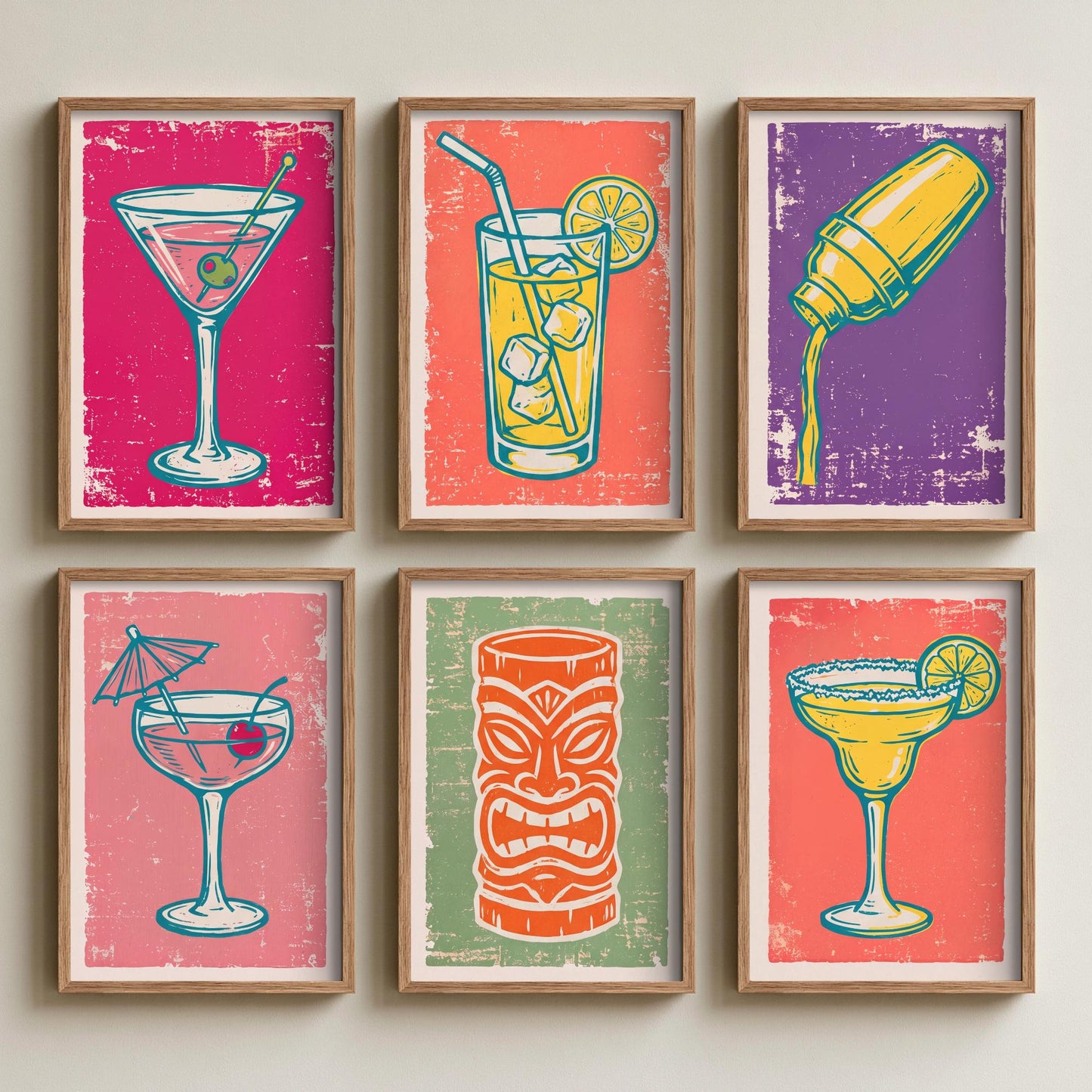Set of Six Cocktail Art Prints - 6 Linocut Illustrations - Martini, Highball, Shaker, Umbrella Drink, Tiki Mug, Margarita - Bar Cart Posters