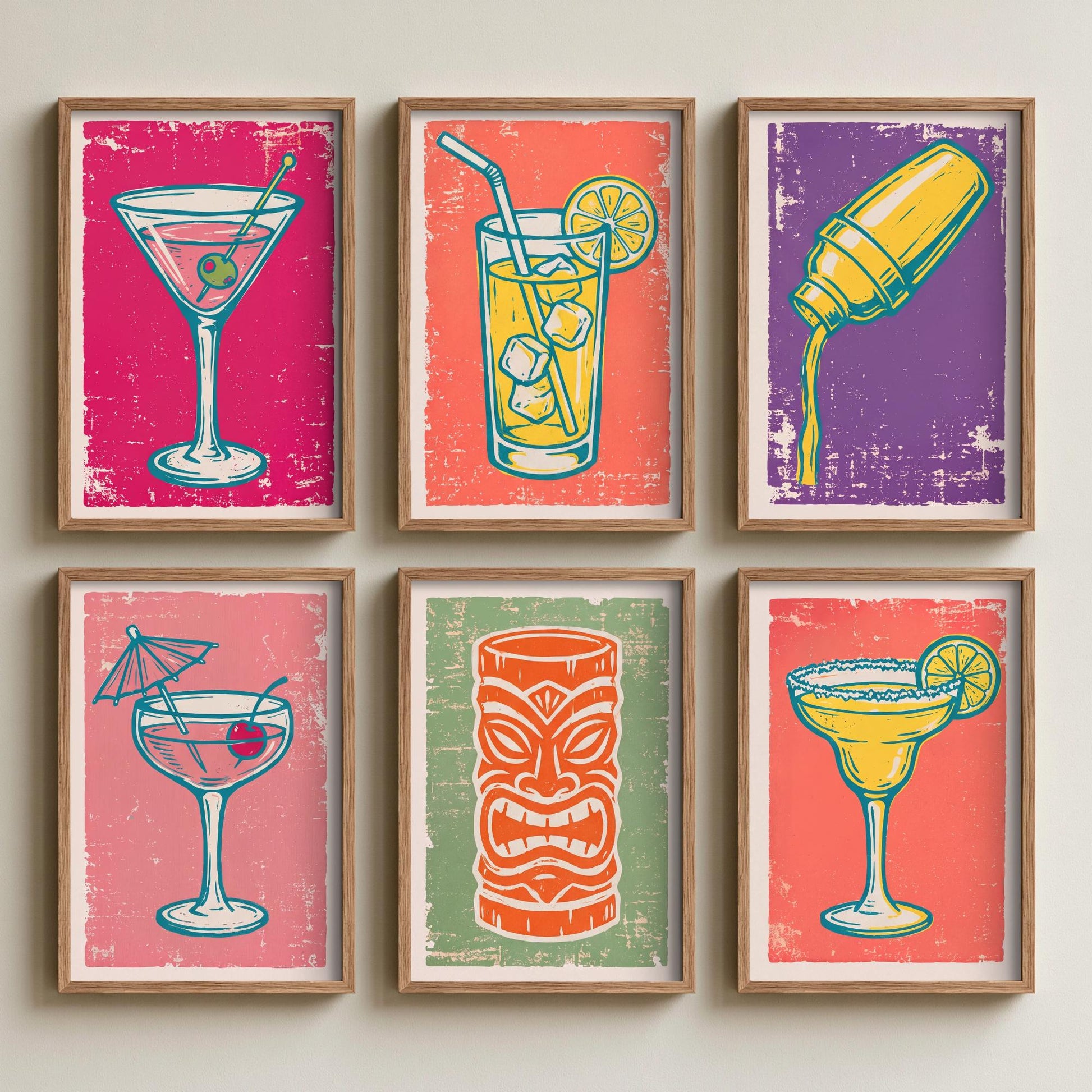 Set of Six Cocktail Art Prints - 6 Linocut Illustrations - Martini, Highball, Shaker, Umbrella Drink, Tiki Mug, Margarita - Bar Cart Posters
