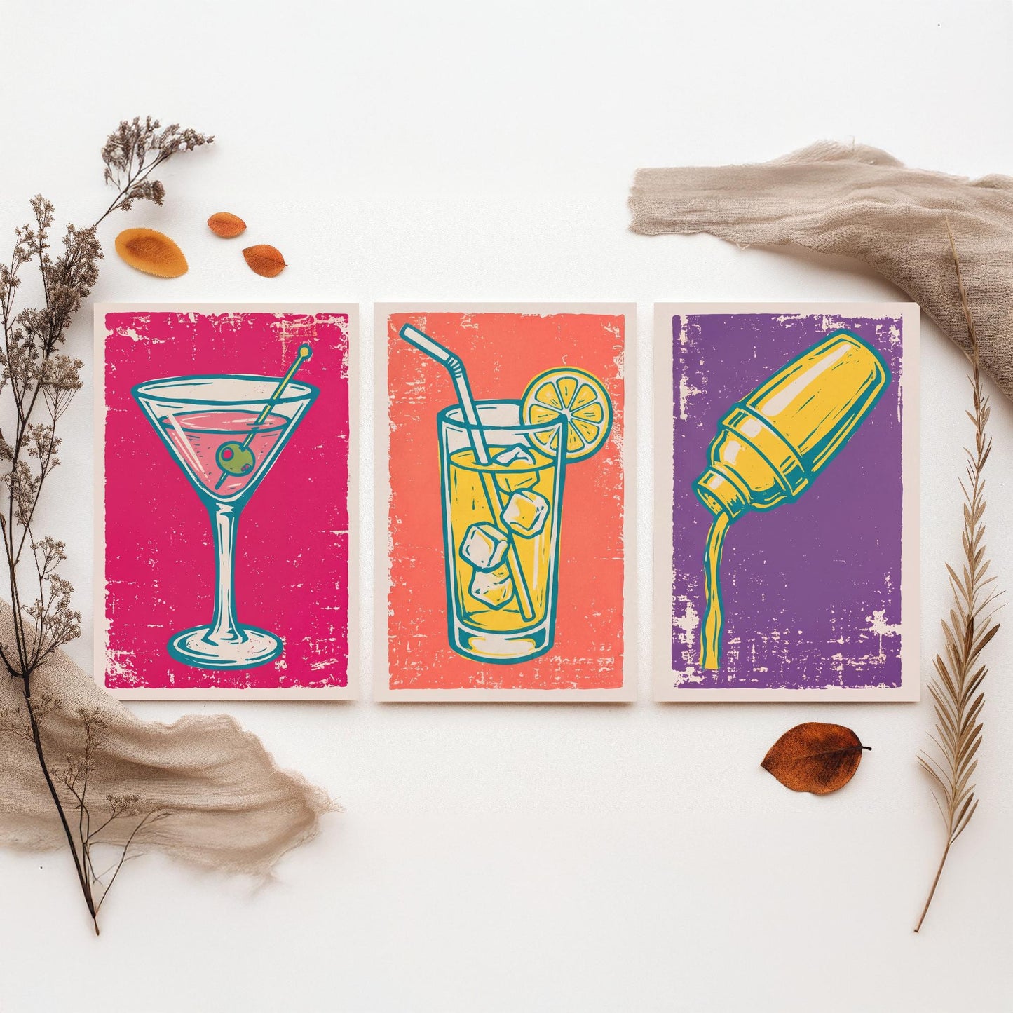 Martini, Highball and Cocktail Shaker - Set of Three Linocut Illustrations - Bar Art Prints - Retro Drinks Posters V1