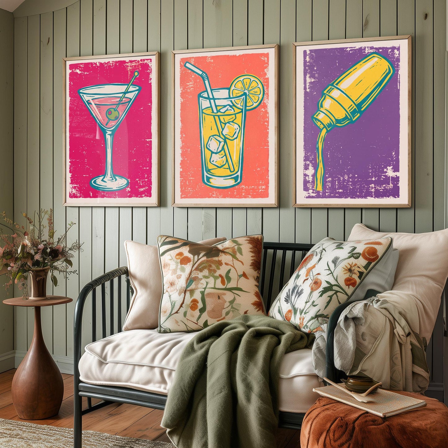 Martini, Highball and Cocktail Shaker - Set of Three Linocut Illustrations - Bar Art Prints - Retro Drinks Posters V1