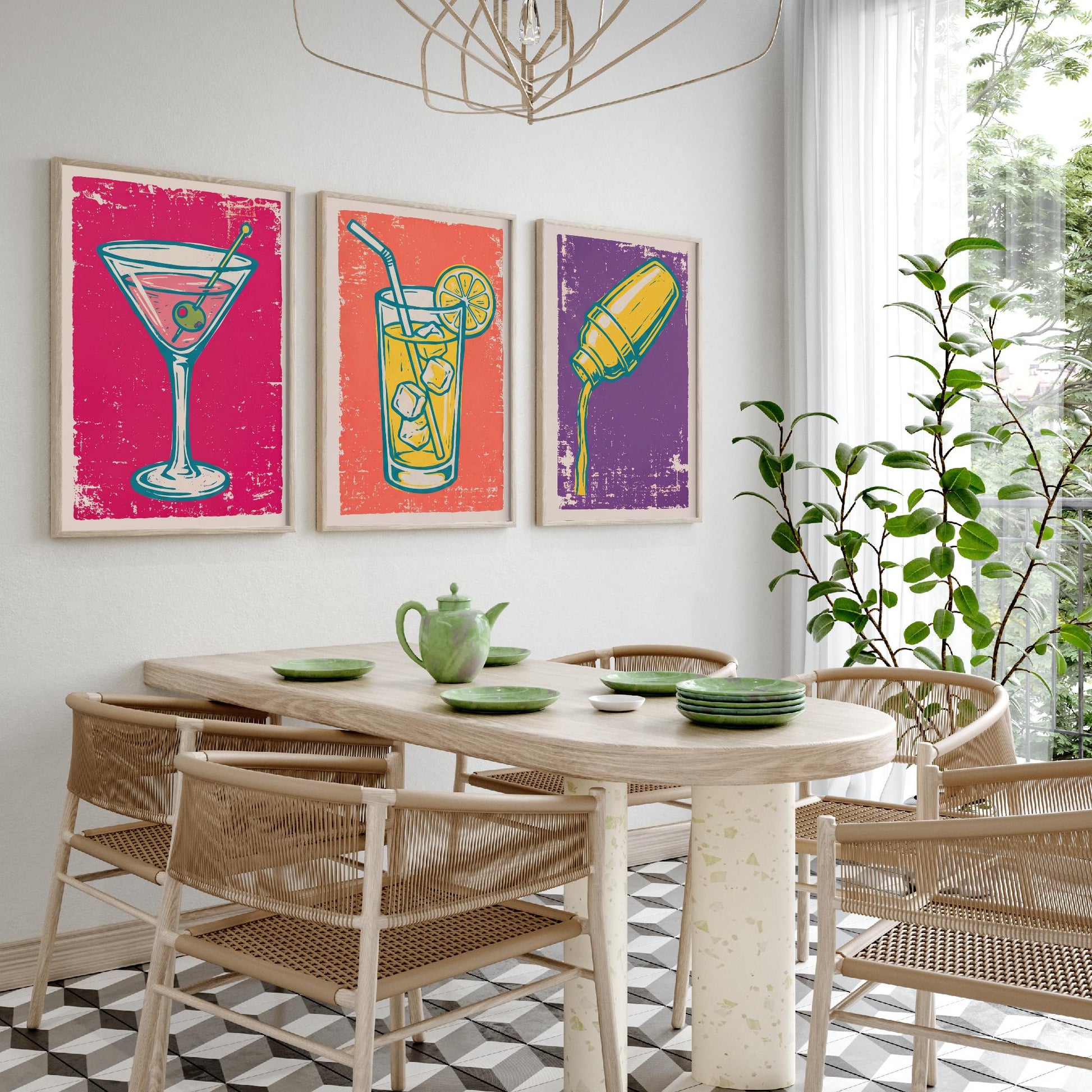 Martini, Highball and Cocktail Shaker - Set of Three Linocut Illustrations - Bar Art Prints - Retro Drinks Posters V1
