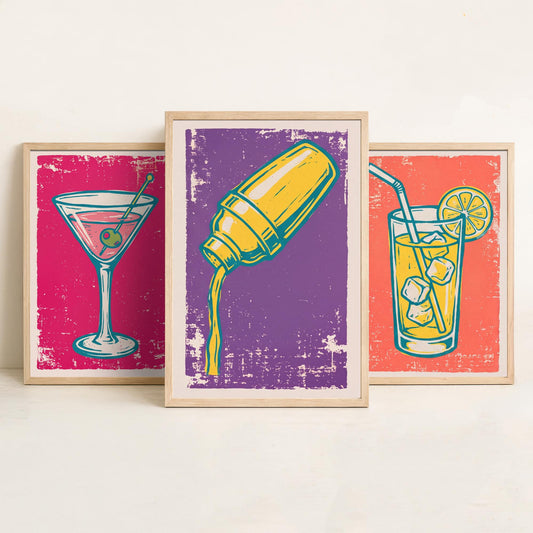 Martini, Highball and Cocktail Shaker - Set of Three Linocut Illustrations - Bar Art Prints - Retro Drinks Posters V1