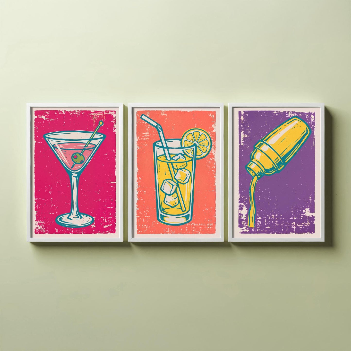 Martini, Highball and Cocktail Shaker - Set of Three Linocut Illustrations - Bar Art Prints - Retro Drinks Posters V1