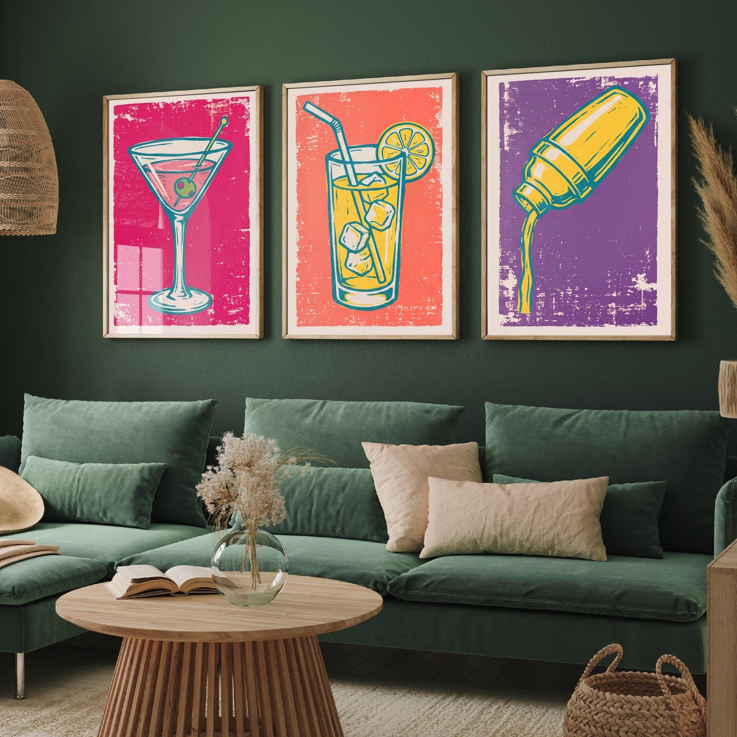 Martini, Highball and Cocktail Shaker - Set of Three Linocut Illustrations - Bar Art Prints - Retro Drinks Posters V1