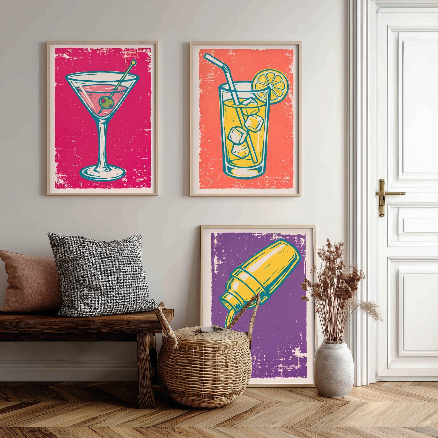 Martini, Highball and Cocktail Shaker - Set of Three Linocut Illustrations - Bar Art Prints - Retro Drinks Posters V1