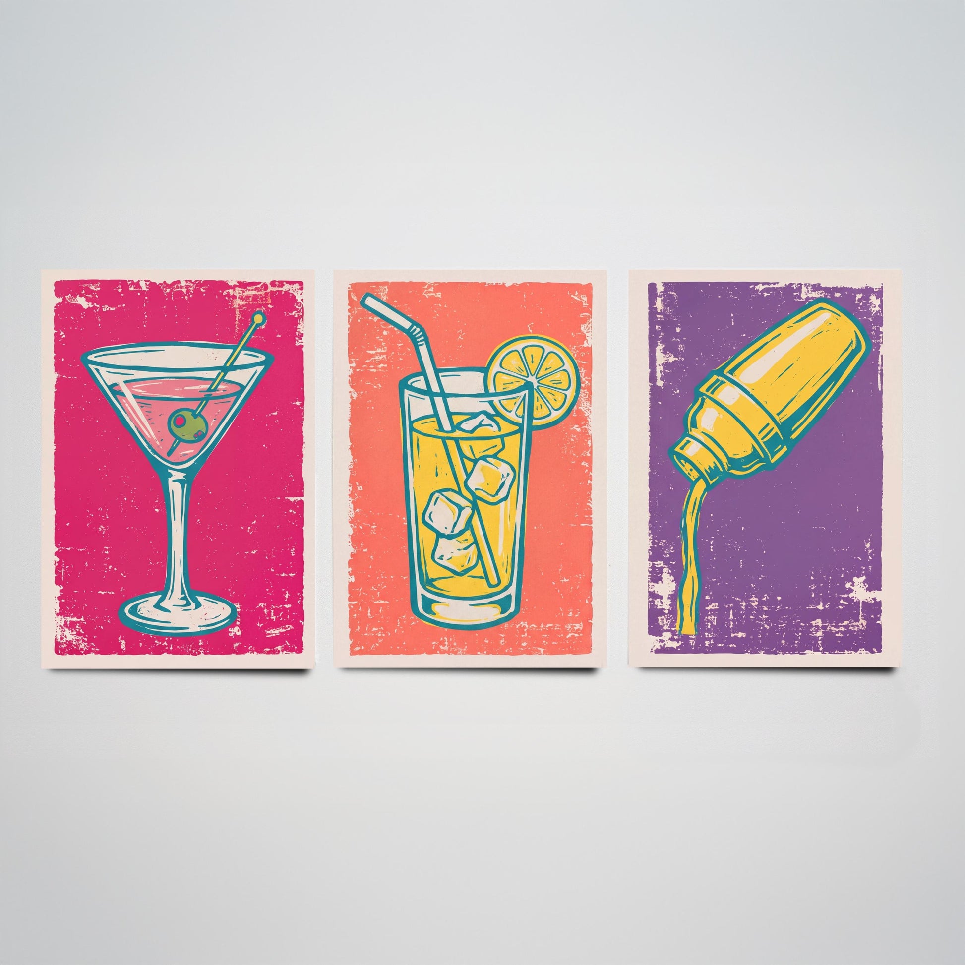 Martini, Highball and Cocktail Shaker - Set of Three Linocut Illustrations - Bar Art Prints - Retro Drinks Posters V1