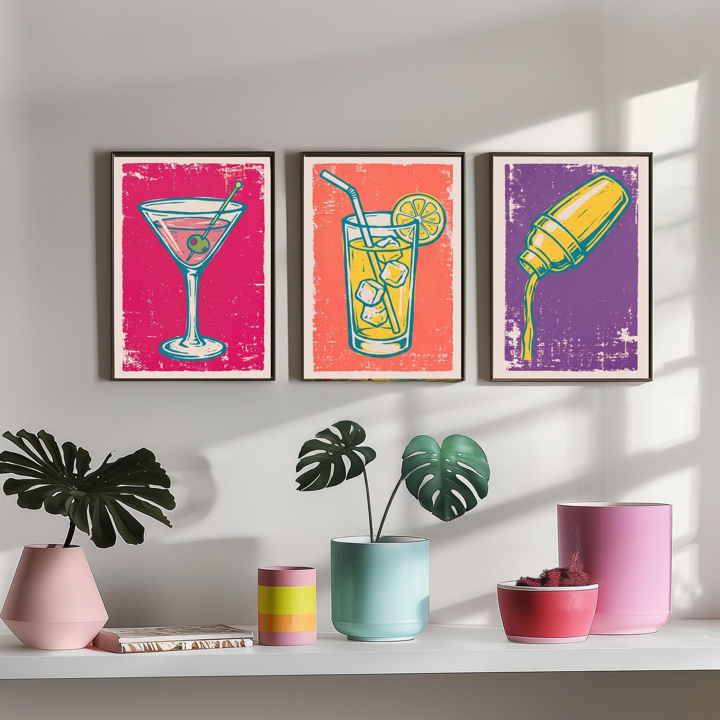 Martini, Highball and Cocktail Shaker - Set of Three Linocut Illustrations - Bar Art Prints - Retro Drinks Posters V1