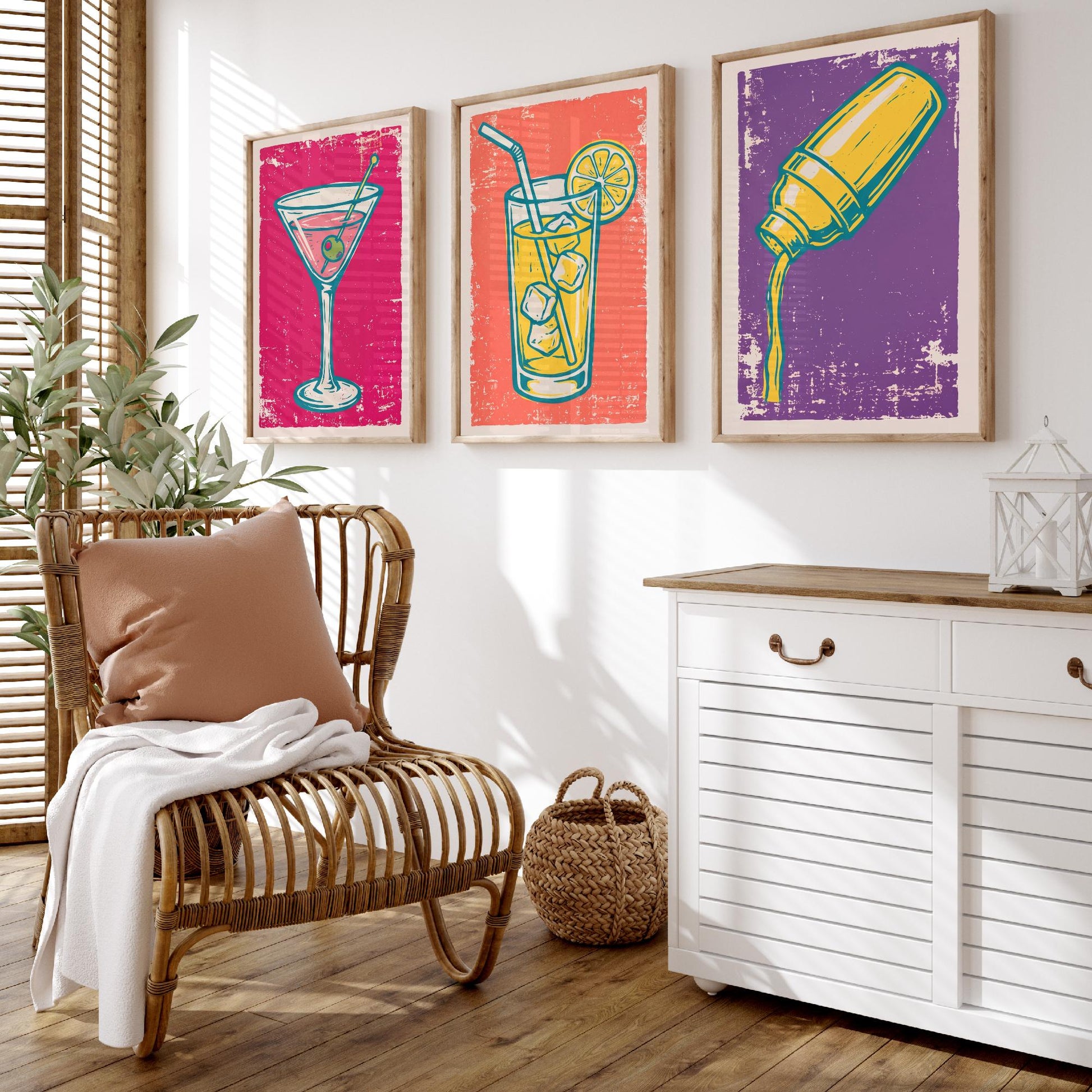 Martini, Highball and Cocktail Shaker - Set of Three Linocut Illustrations - Bar Art Prints - Retro Drinks Posters V1