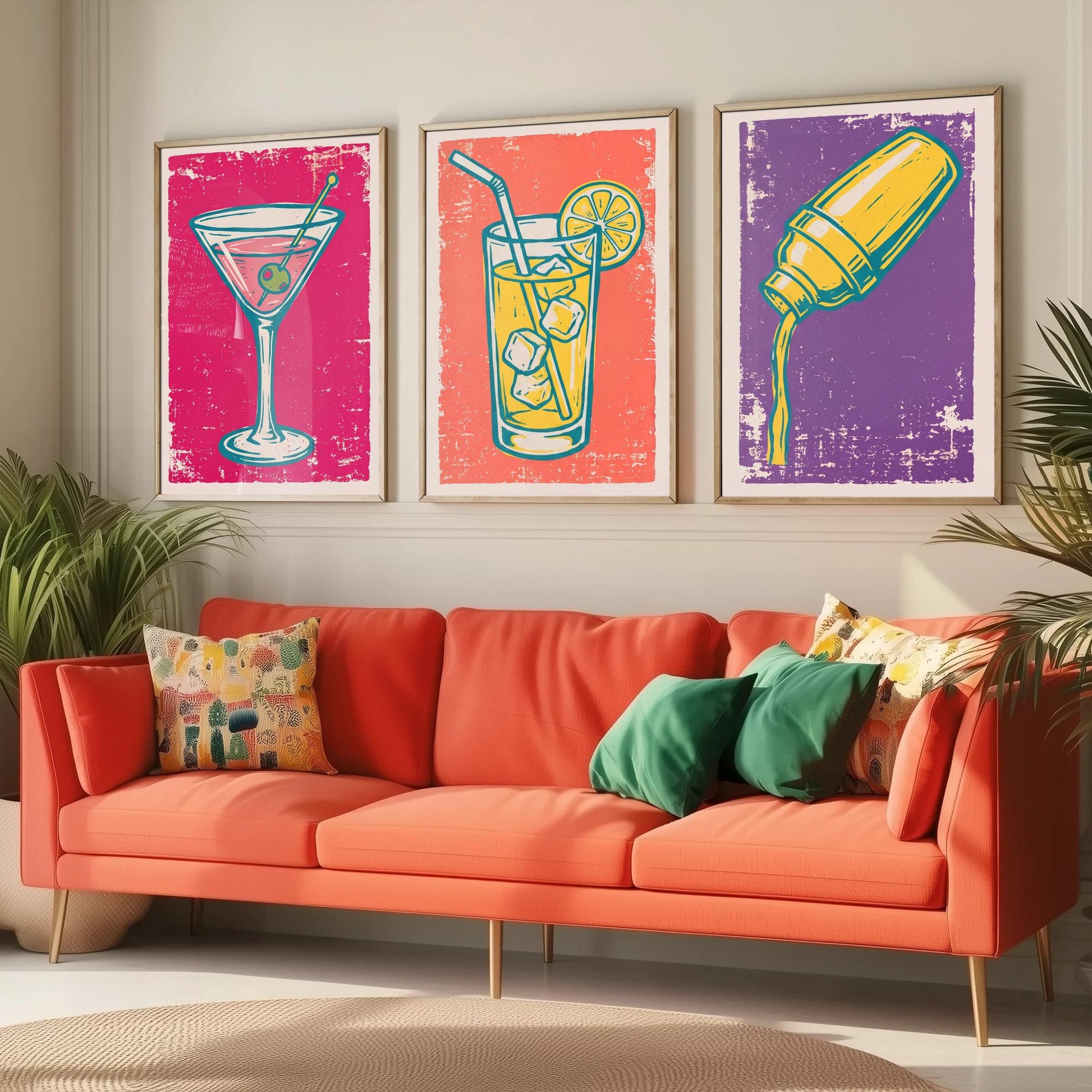 Martini, Highball and Cocktail Shaker - Set of Three Linocut Illustrations - Bar Art Prints - Retro Drinks Posters V1