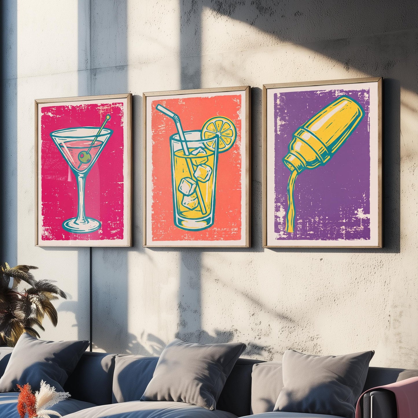 Martini, Highball and Cocktail Shaker - Set of Three Linocut Illustrations - Bar Art Prints - Retro Drinks Posters V1